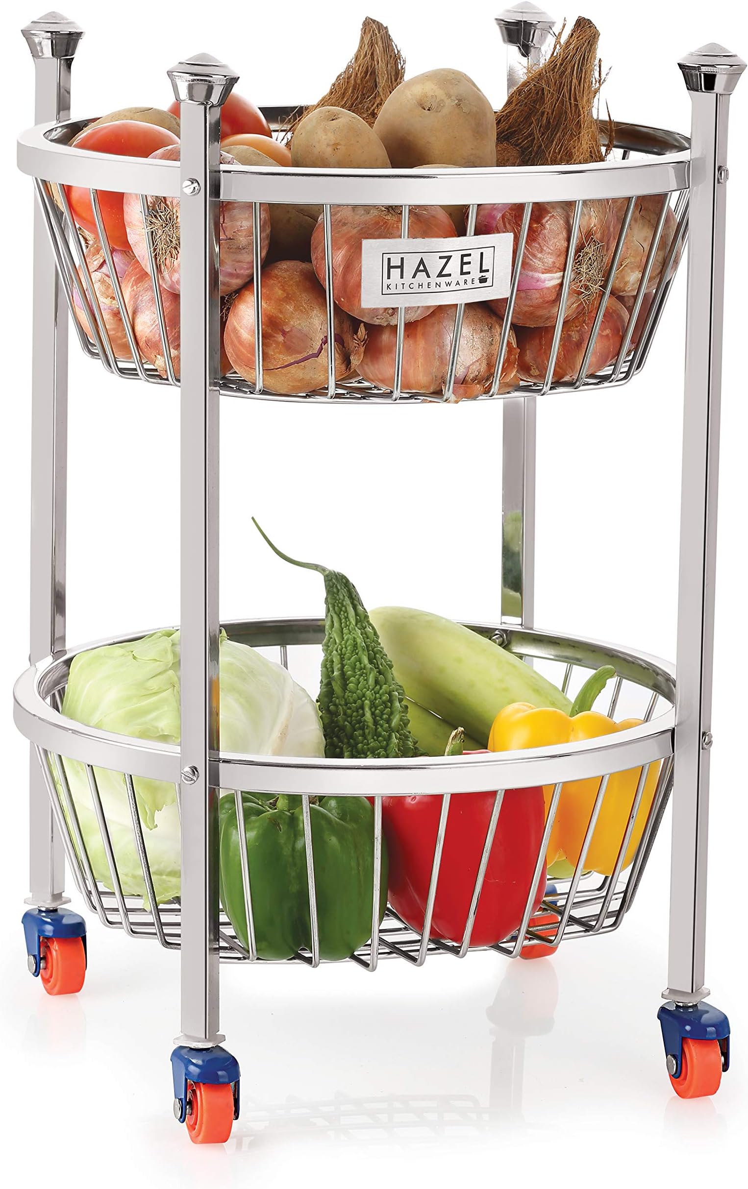 HAZEL Stainless Steel Fruit Vegetable Basket Kitchen Storage Trolley Rack Round Stand with Wheel
