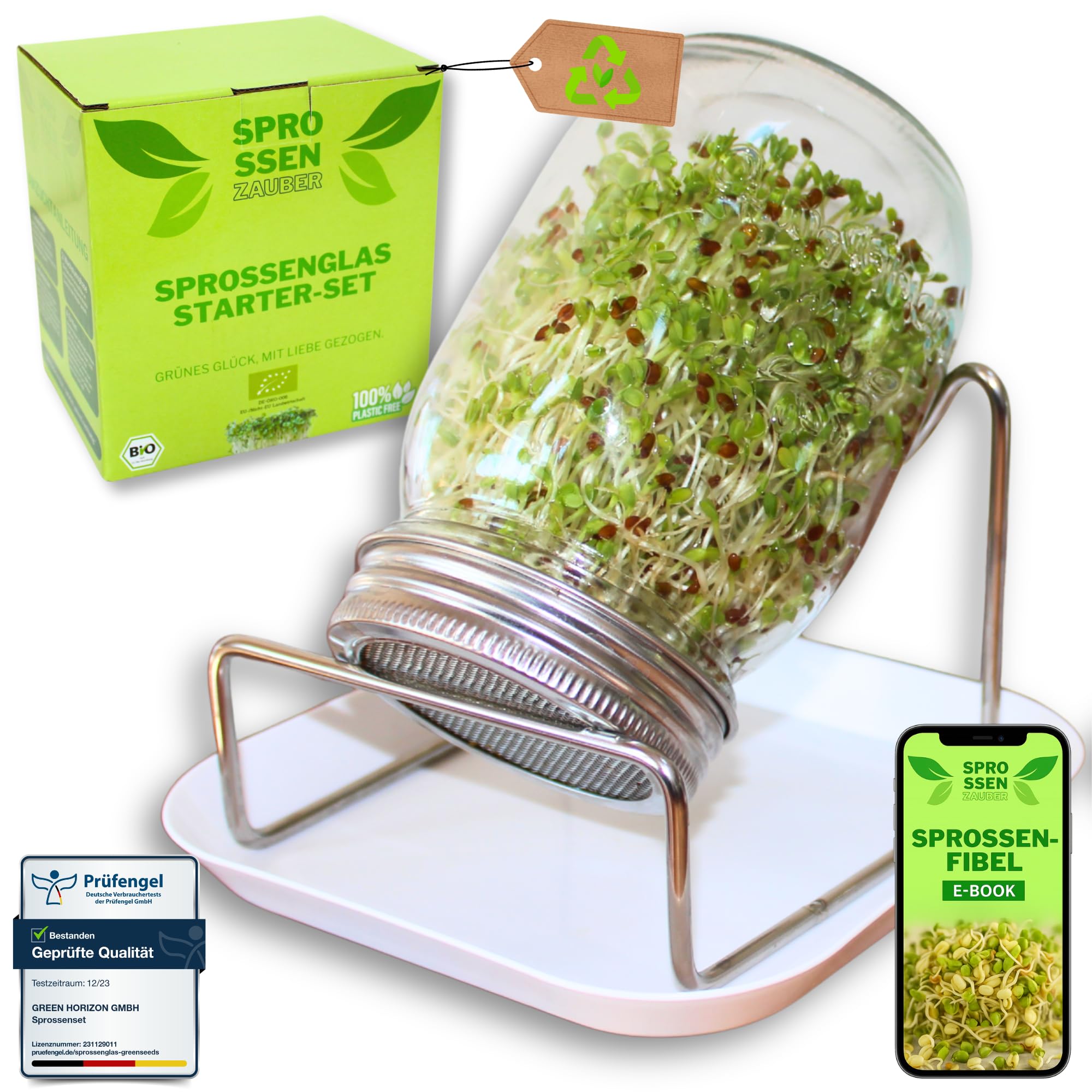 Green SEEDS Sprossenzauber® Sprossenglas 1er Set 500ml – Edelstahl-Deckel & Auffangschale – Sprossen selber ziehen – Keimglas für Brokkoli, Alfalfa, Kresse – Einsteiger-Set für frische Microgreens Garten