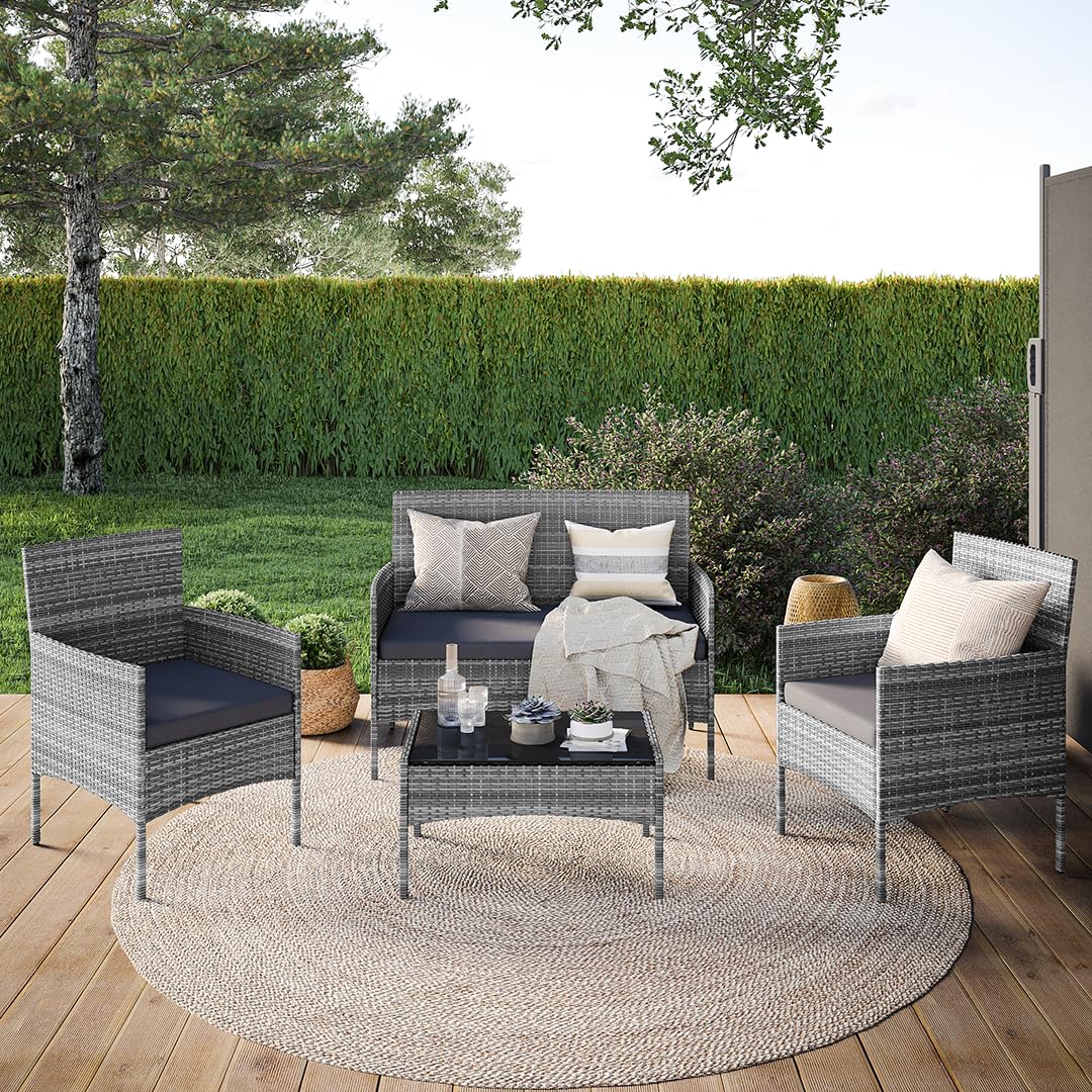 STEELSØN Thalora Polyrattan Gartenmöbel 4 TLG, Grau-meliert, mit Sitzkissen