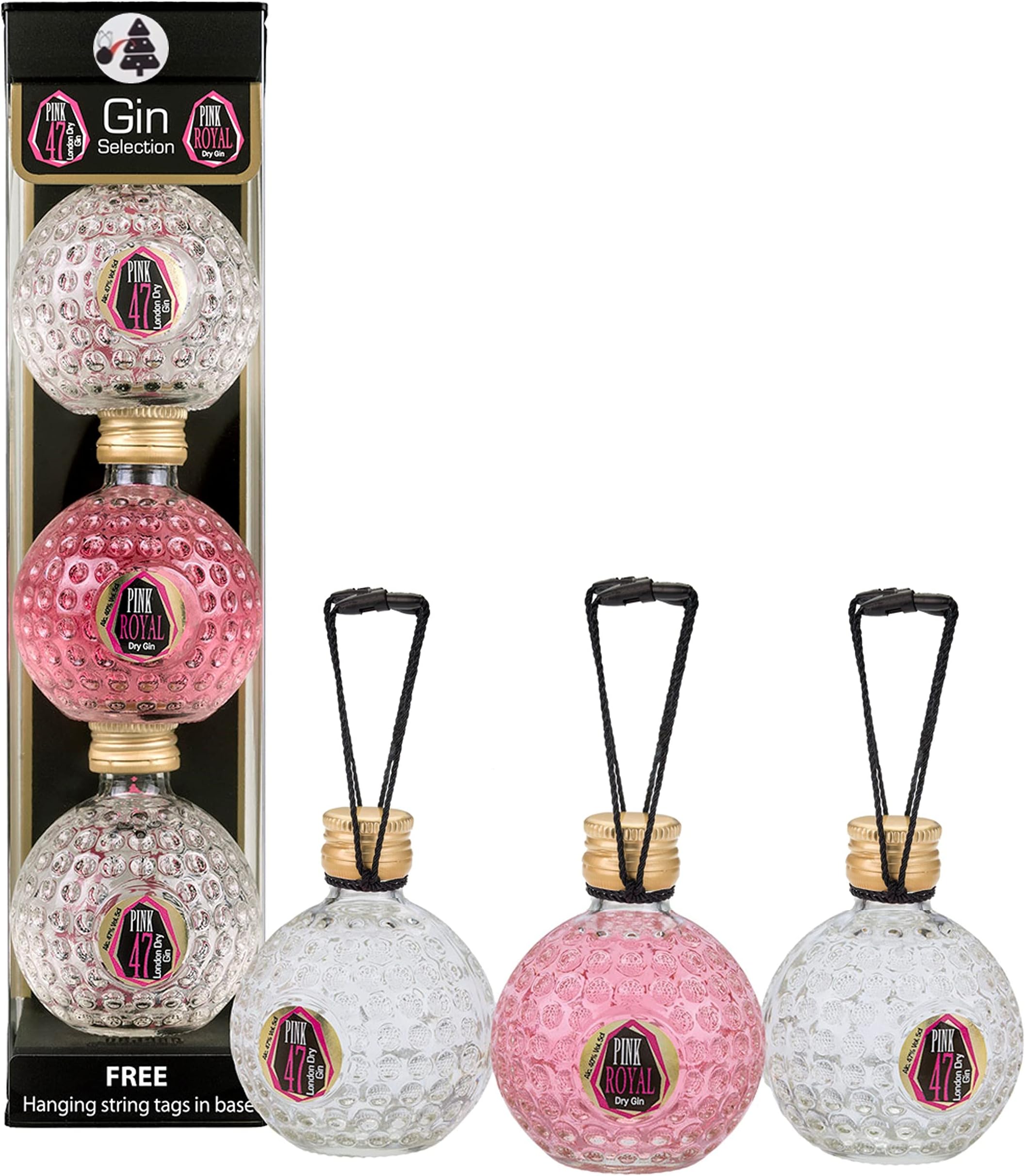 Pink 47 Gin Baubles & Pink Gin Baubles Christmas Gin Gift Set, 3 x 50ml