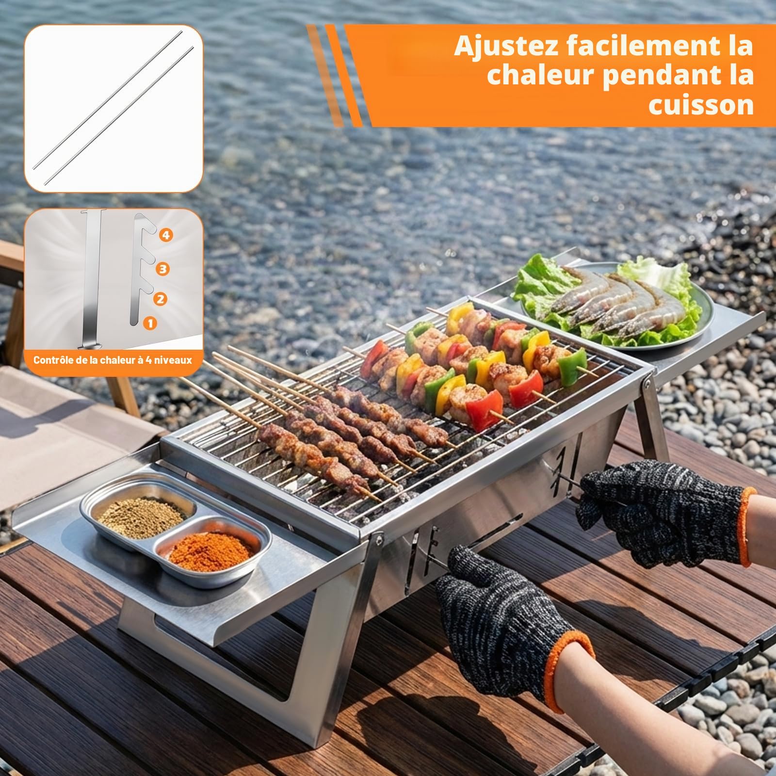 Mini Barbecue Charbon de Bois Portable et Pliable, Petit Barbecue de Table avec Réglage de Chaleur à 4 Niveaux, Barbecue Camping pour Jardin, Terrasse, Pique-Nique, Voyage et Activités de Plein Air