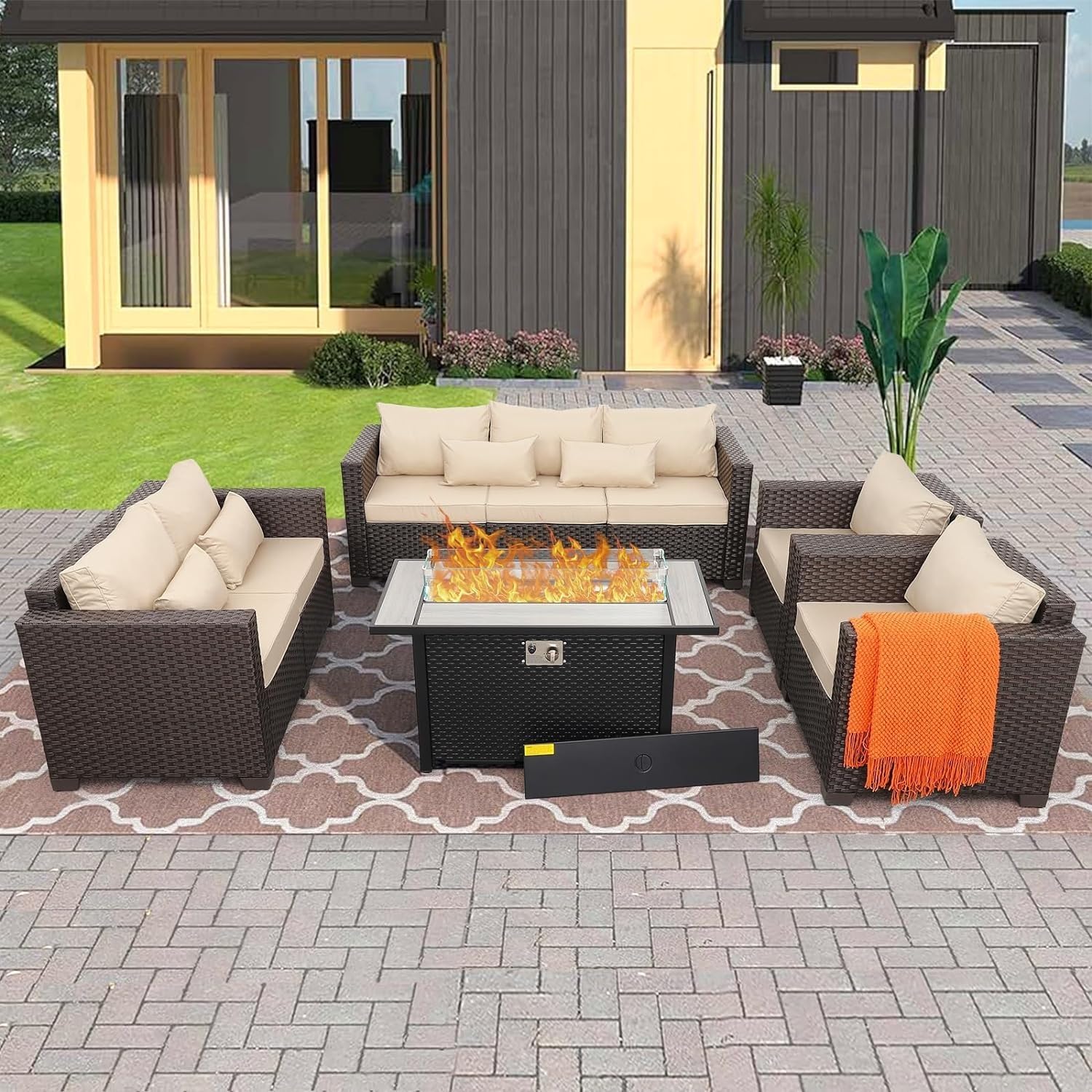 Patio Furniture Set with Fire Pit Table, 5 Piece Comfortable Wicker Rattan Outdoor Furniture Set with Propane Fire Pit, Patio Conversation Set for Porch,Deck,Poolside -Khaki