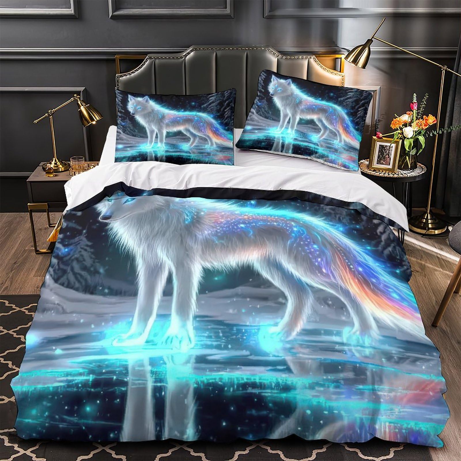 Parure de lit loup avec housse de couette zippée hypoallergénique en microfibre respirante