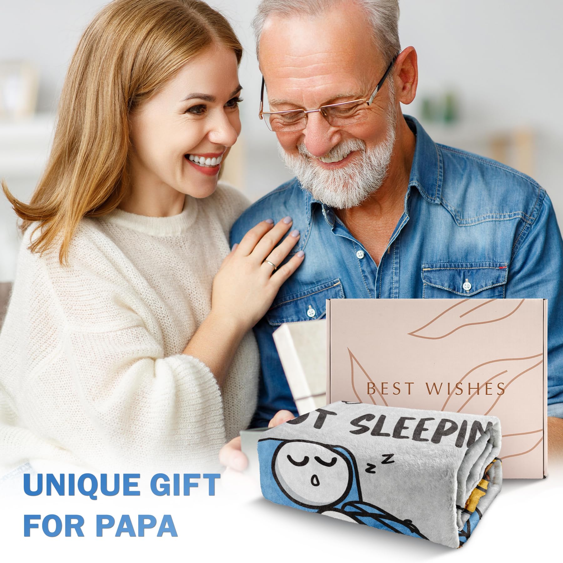 Funny Fathers Day Papa Gifts, Papa is Not Sleeping Blanket Gift from Grandkids Daughter Son, Birthday Gifts for Papas Dad Grandpa, Flannel Throw for Couch and Naps, 60‘’ x 50‘’ （Gray）