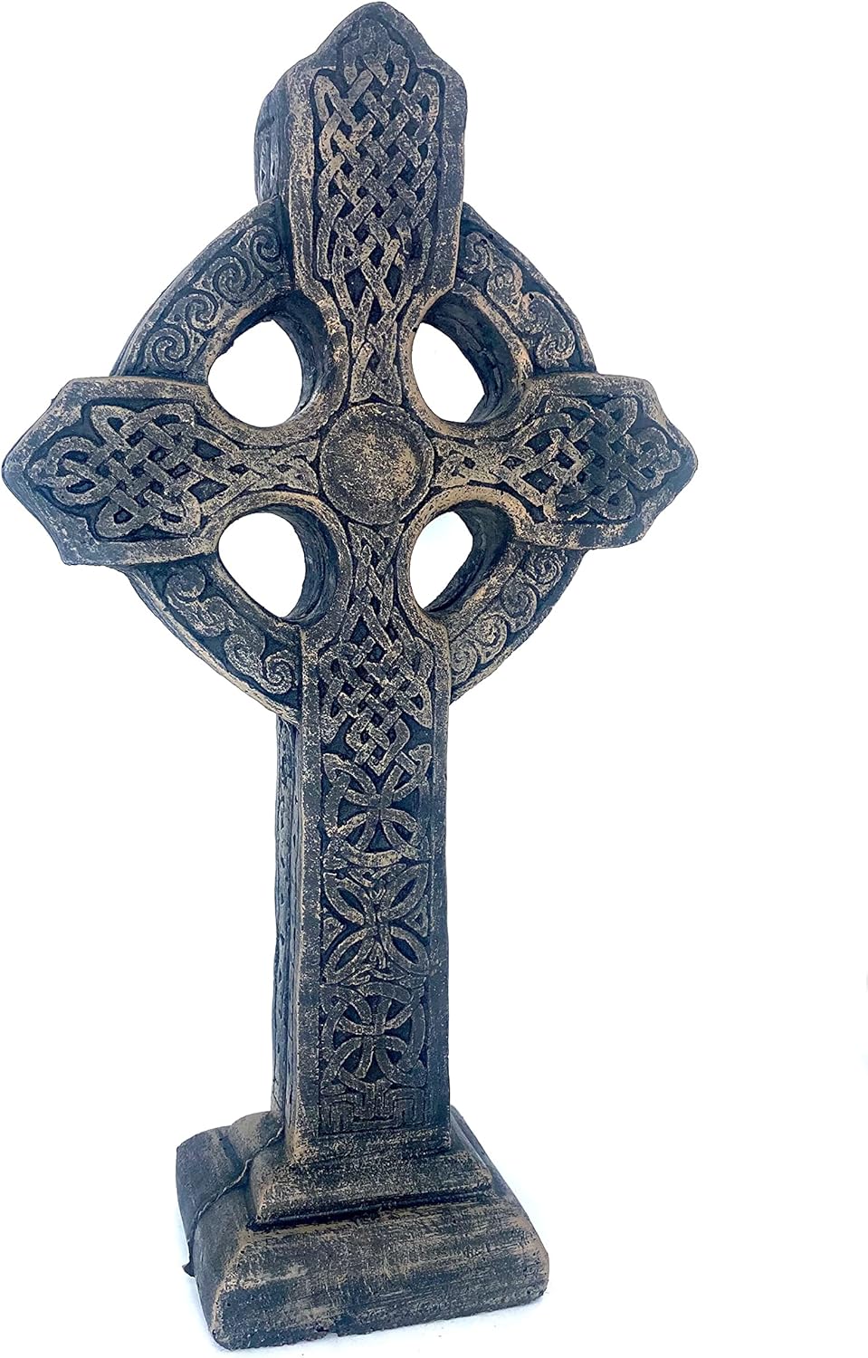 Cross on Base Decorative Stone Statue 16in Tall Autumn Brown Color