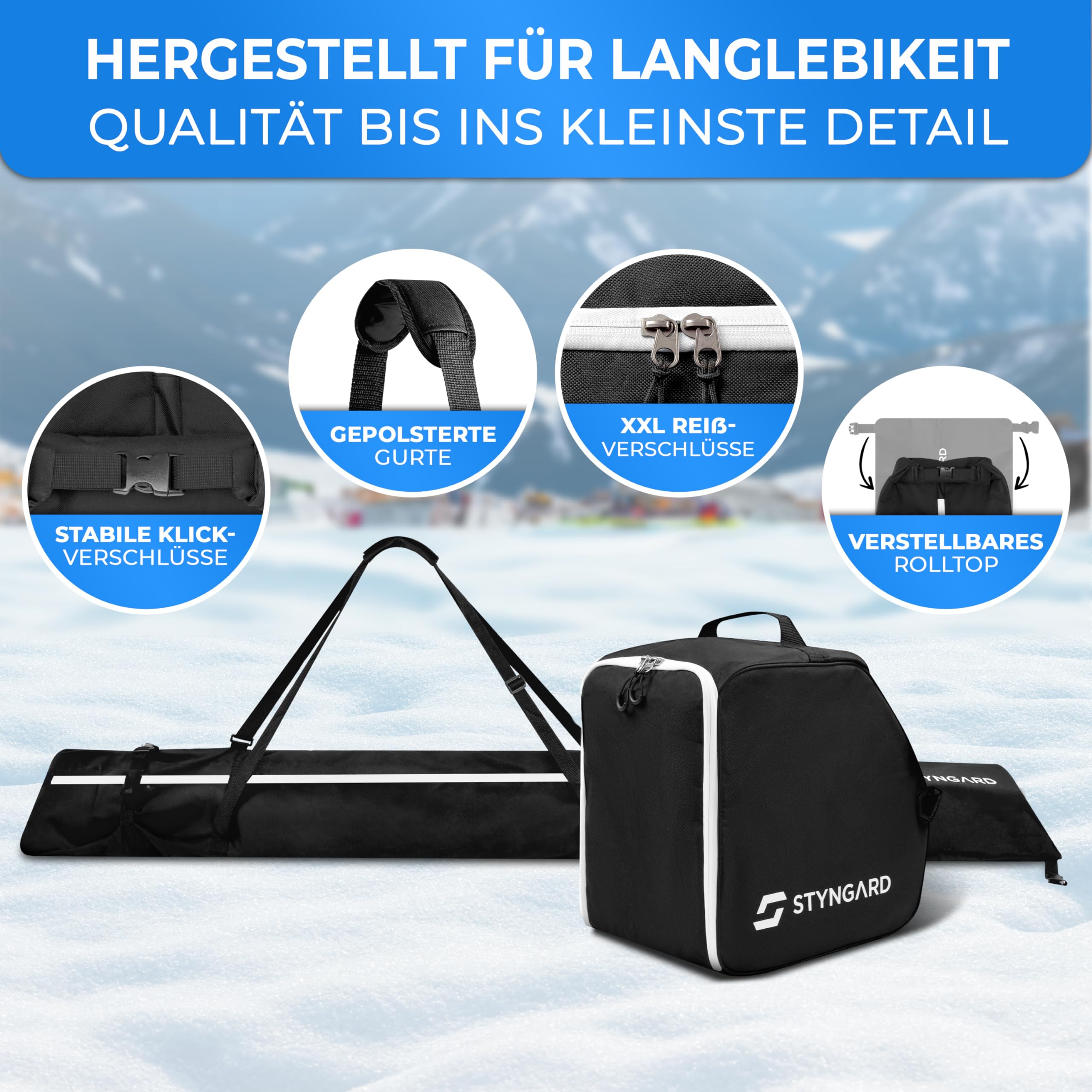 STYNGARD Skitasche Set Skisack [140 cm bis 200 cm] und Skischuhtasche mit Helmfach [40 L] - Skitasche und Stiefeltasche mit Lüftungsgitter Modell Vancouver
