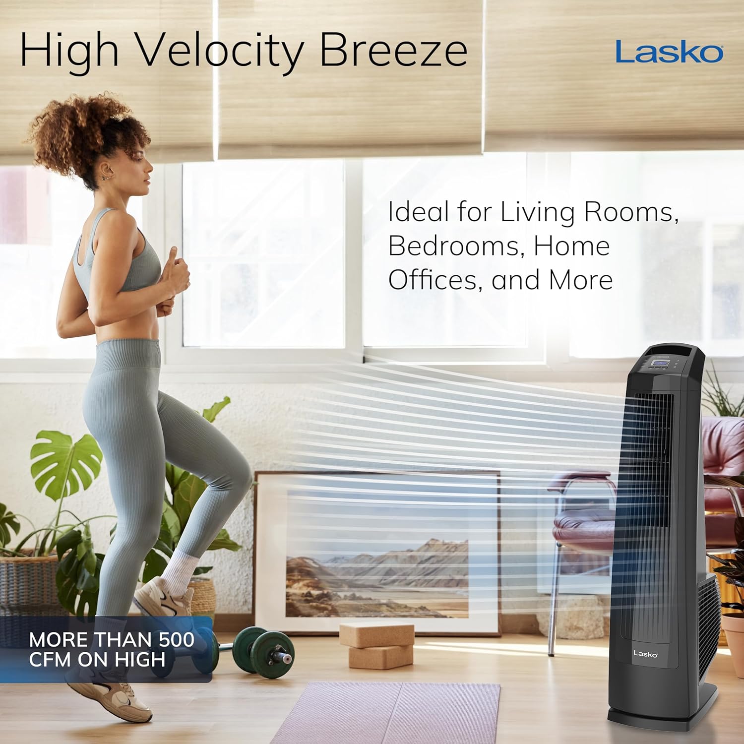 Lasko High Velocity Oscillating Tower Fan, 3 Powerful Speeds, Timer, Adjustable Directional Louvers, Remote Control, For Bedroom, Basement, Garage Use, Black, 35", U35122