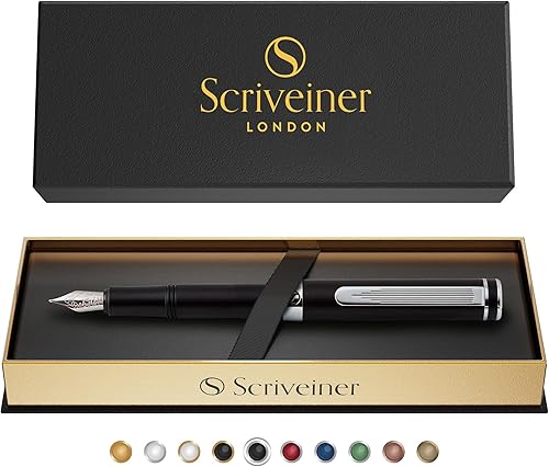 Miniatura 9 de Scriveiner Pluma estilográfica de lujo, color negro mate medio con acabado cromado, punta alemana Schmidt, convertidor, el mejor juego de regalo de