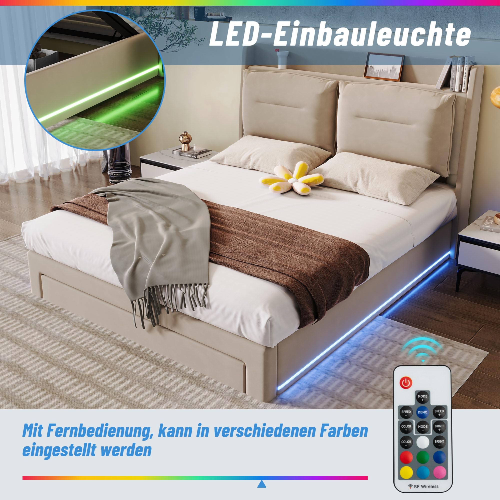 Lit hydraulique de 160 x 200 cm, lit capitonné en velours avec bandes lumineuses LED encastrées des deux côtés du lit, tiroirs de rangement 2 en 1 sur le lit, lit double avec sommier à lattes,