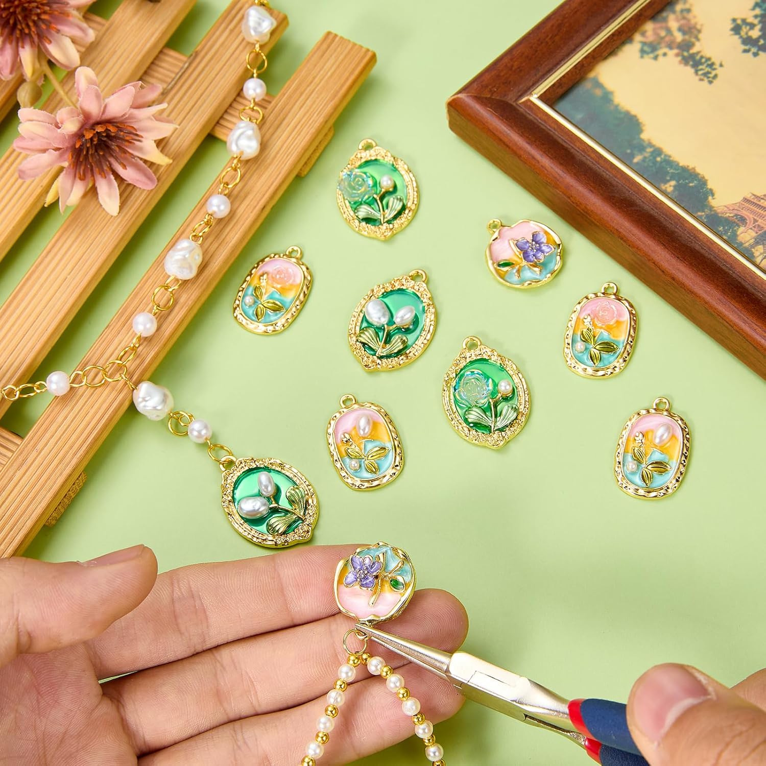 10 Pcs Golden Tone Alloy Enamel Charms for jewelry making Oval Flat Round with Oil Painting Flower Charms for Necklaces Earrings Bracelets DIY Supplies - Image 5