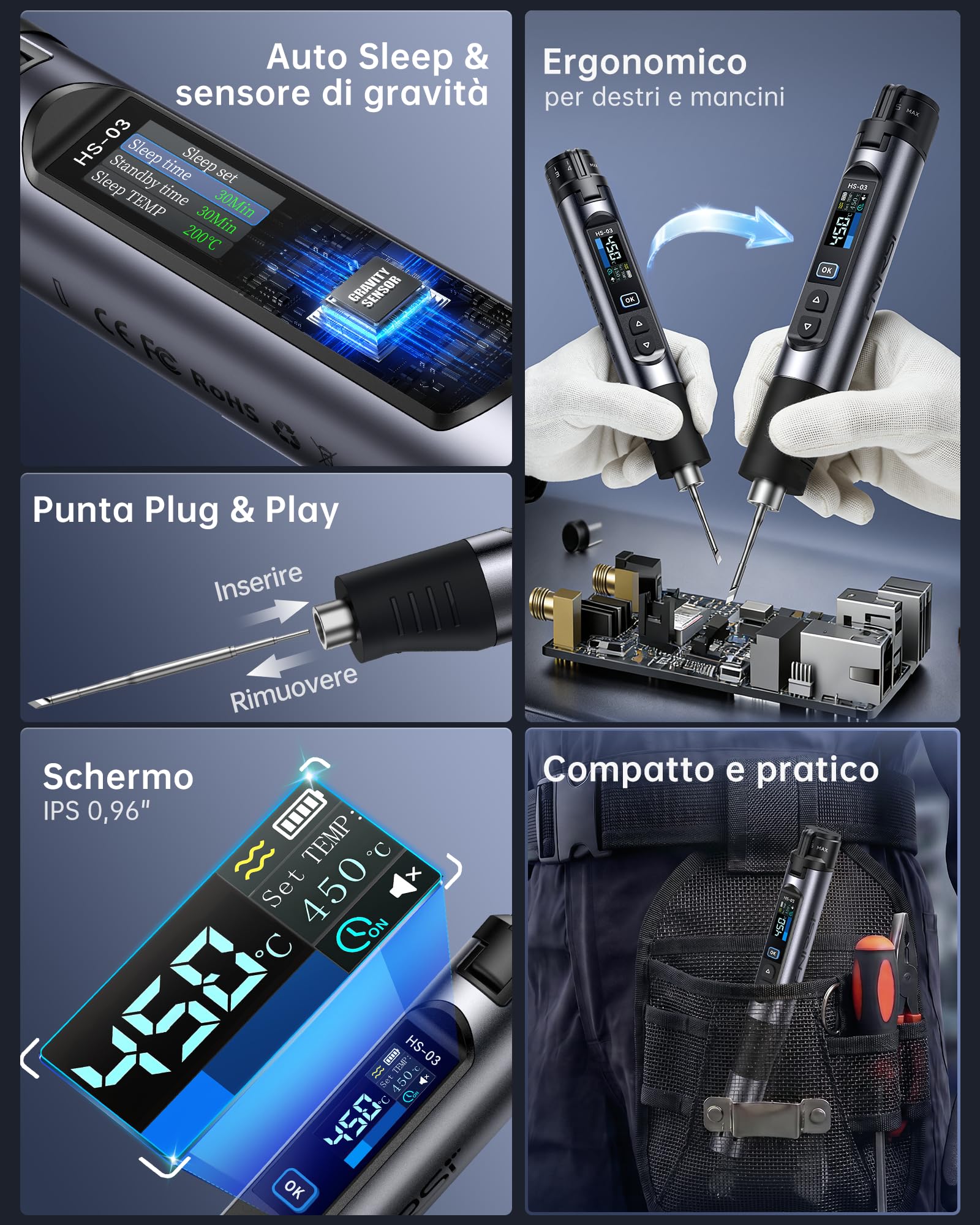 FNIRSI HS-03 Kit Saldatore a Batteria, Saldatore Portatile Senza Fili con Batteria 2600mAh, 100–450°C, Riscaldamento Rapido 3s, 5 Livelli Temperatura, Display IPS 0,96", per Elettronica, DIY, PCB