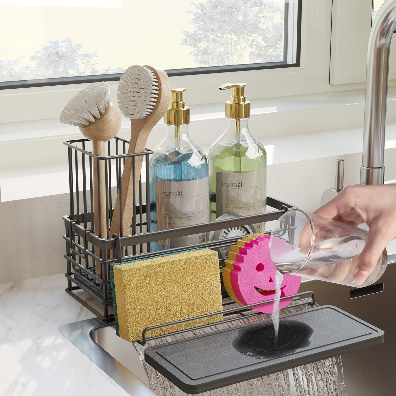 Sponge Holder for Kitchen Sink Sink Caddy with Instant Drying Mat Hook Rustproof Waterproof Stainless Steel Kitchen Organizer
