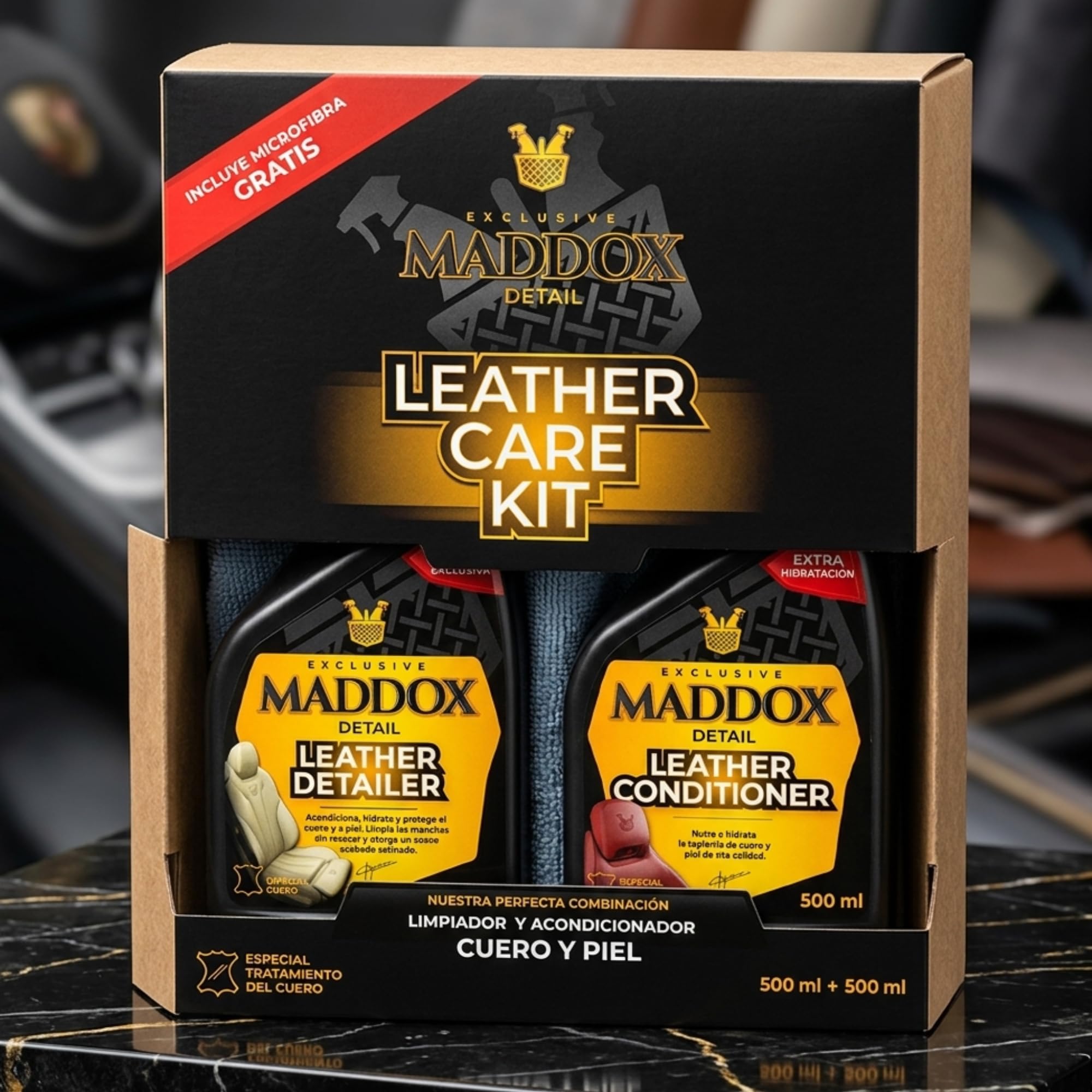 Maddox Detail Zestaw do pielęgnacji skóry 500 ml | środek czyszczący i odżywka do skóry | zawiera mikrofibra, zestaw do czyszczenia tapicerki samochodowej | zestaw do czyszczenia wnętrza samochodu