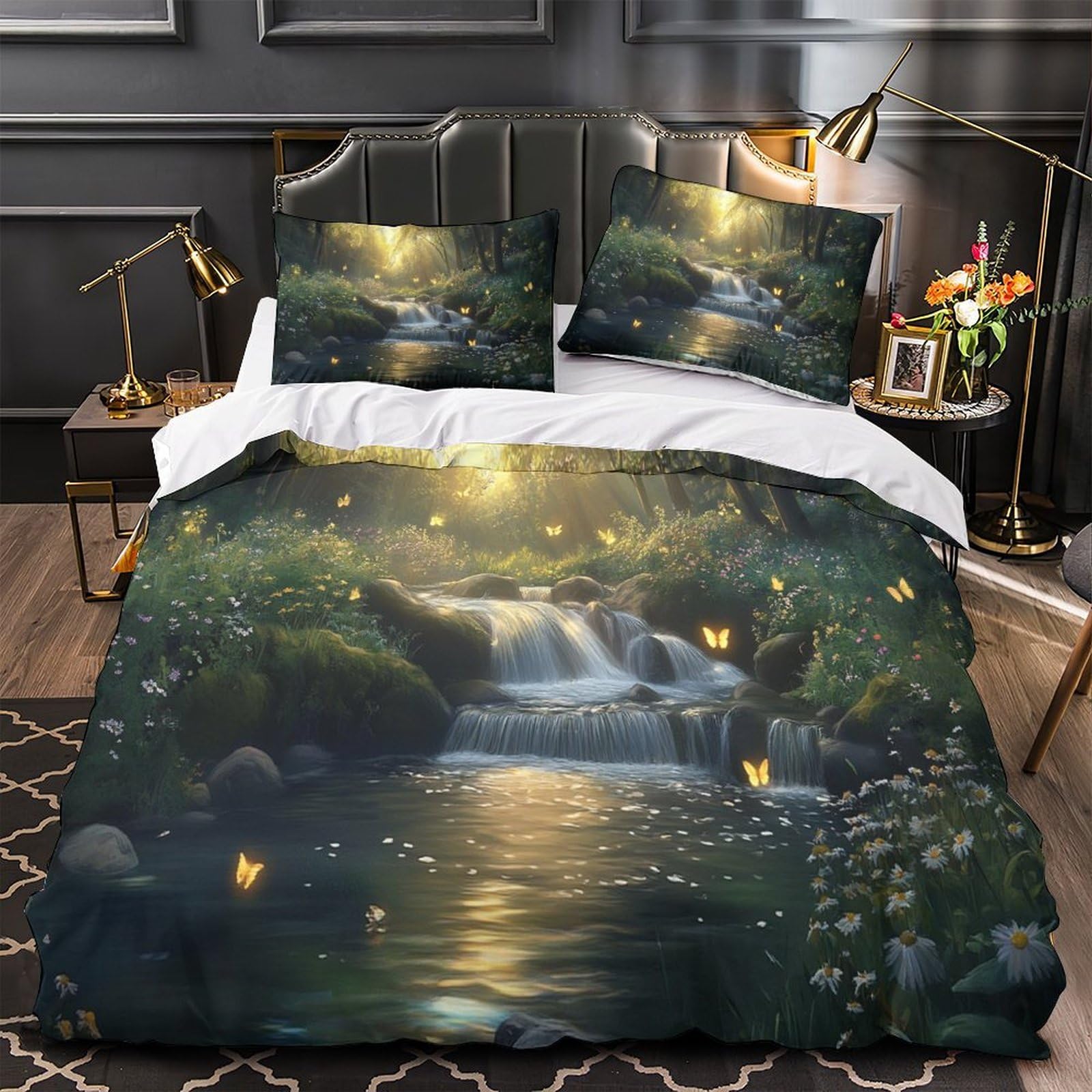 Ruscello della foresta Impressione 3D 3 pz fodera per edredone Natura Fantasia Arte coperteletto microfibra zip antiacari per bambini adolescenti adulti Super king（260x220cm）