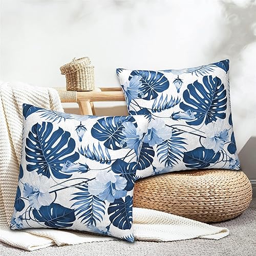 Miniatura 6 de Juego de 2 fundas de almohada de hojas azules de palmera de 18 x 18 pulgadas, juego de 2 fundas de almohada florales hawaianas, arte abstracto,