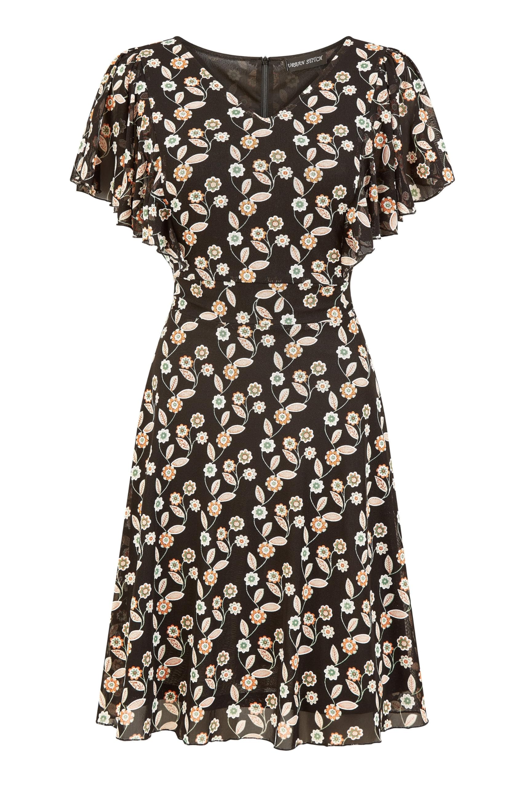 Mela London Mela Black Leaf Print Mesh Stretch Skater Dress 14 Black