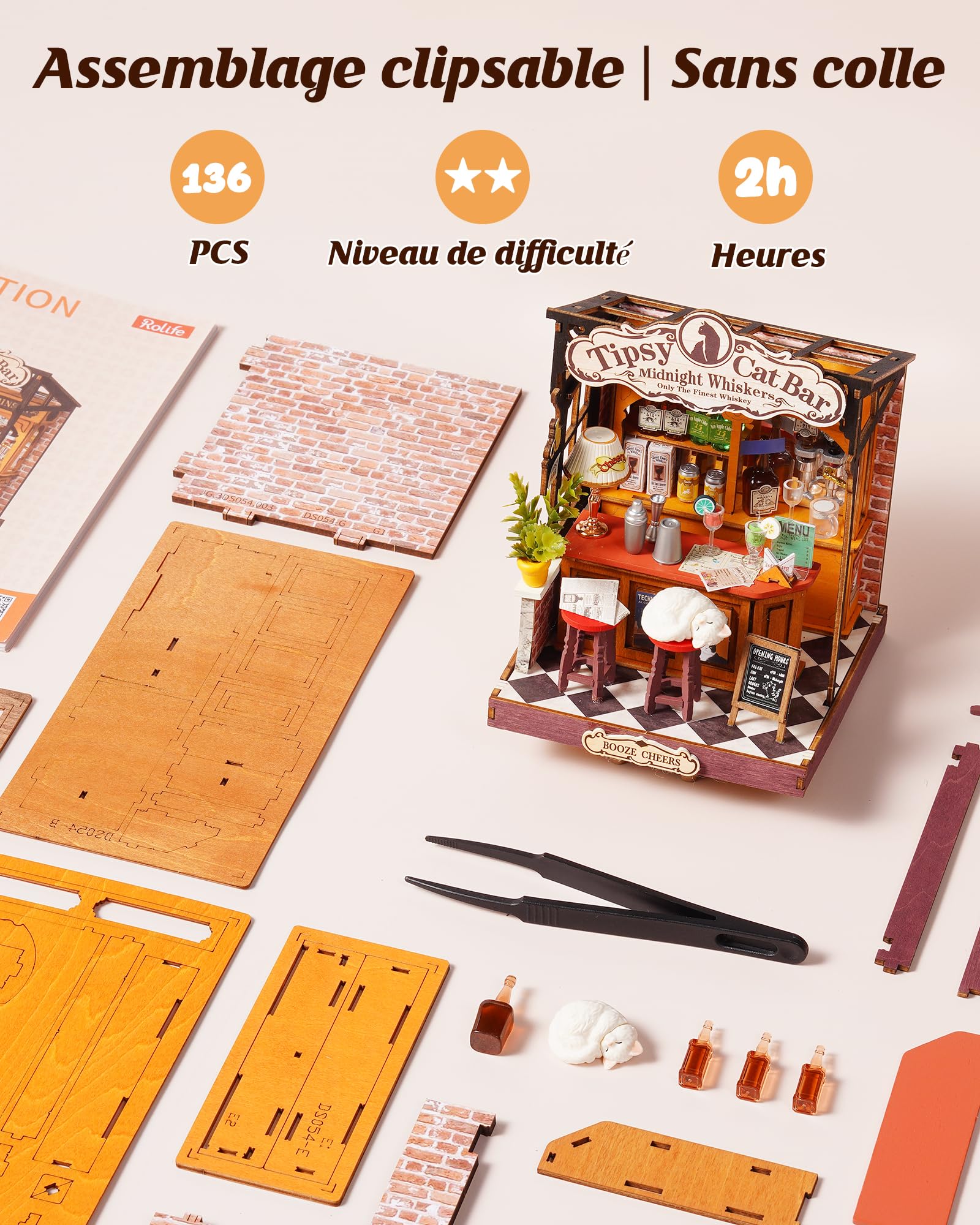 Rolife Maison Miniature Cozy Cat Bistro, 136 pièces Maquette Maison 3D Puzzle Maison de Poupée en Bois 3D à Construire Book Nook pour Adultes et Adolescents Pas de Colle nécessaire - 3