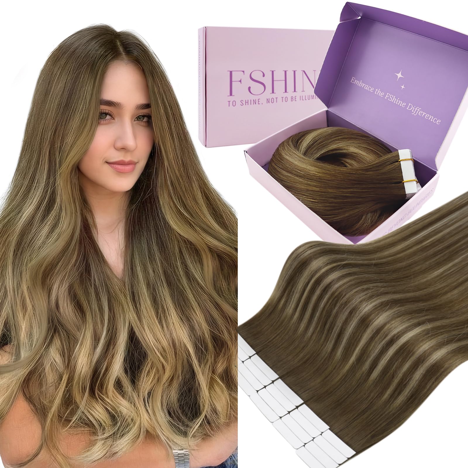 Fshine Extensiones Adhesivas Pelo Natural 20 Pulgadas 50g Cabello Humano Marrón Claro Balayage Rubio Y Marrón Claro Cinta 20Pcs Liso Color 6 60 6 — view 10