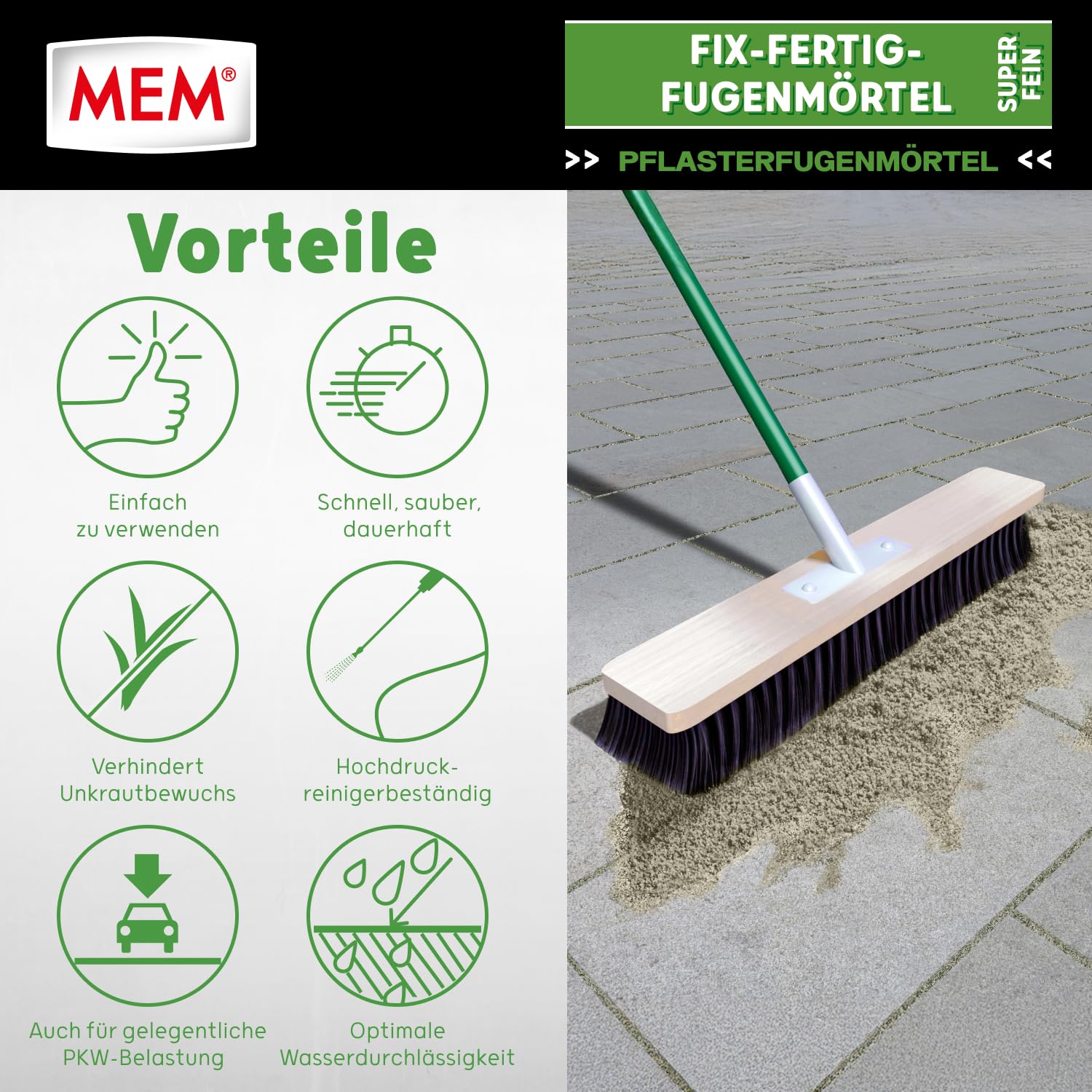 MEM Fix-Fertig-Fugenmörtel Fein Steingrau – 20 kg – Gebrauchsfertiger Pflasterfugenmörtel für Enge Fugen ab 3 mm – Frost- & Wetterbeständig – Für Naturstein, Beton, Klinker & Keramik