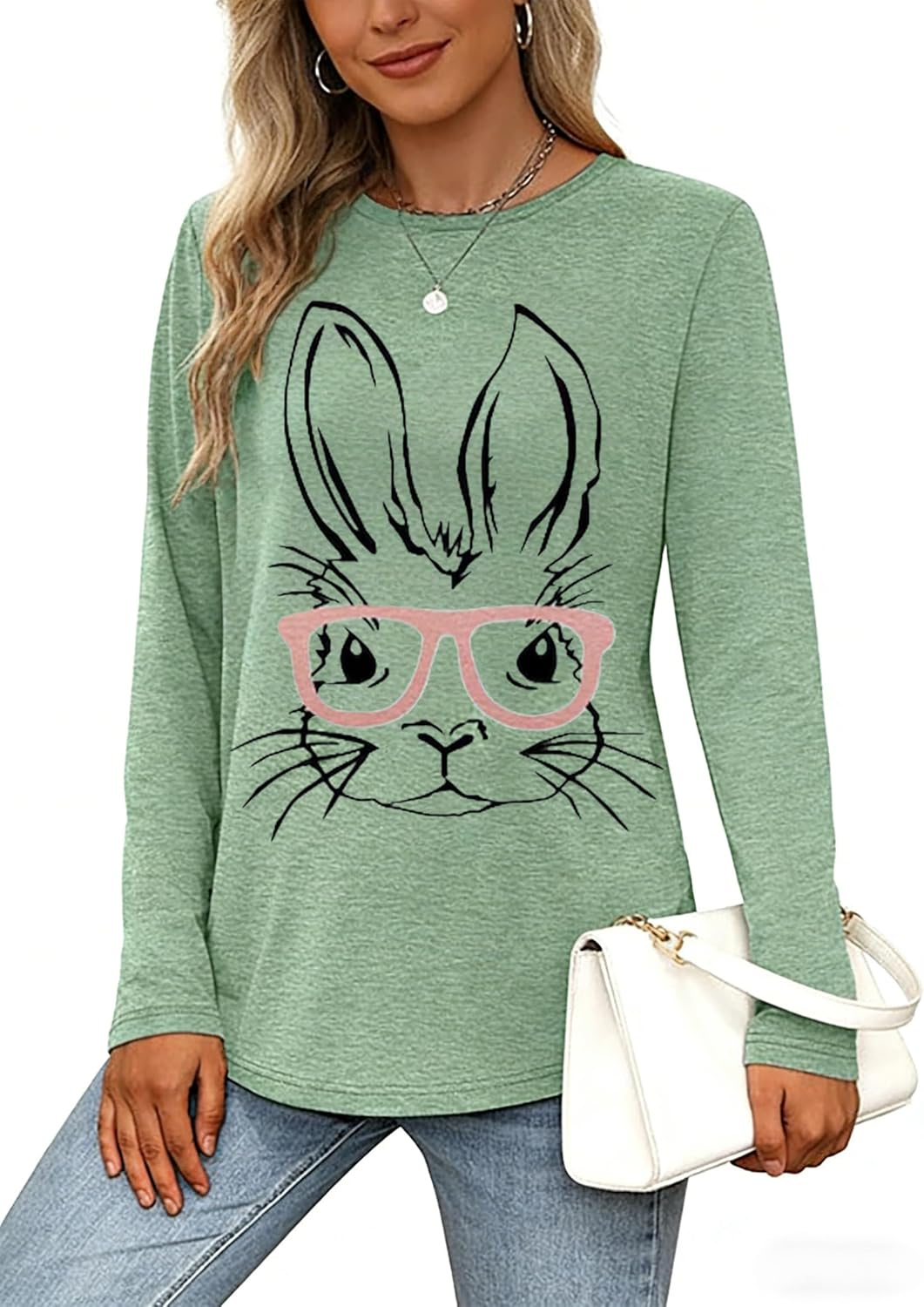 Easter Day T Shirts for Women-Bunny Shirt Cute Rabbit Graphic Tees Long Sleeve Holiday Tops - Image 4