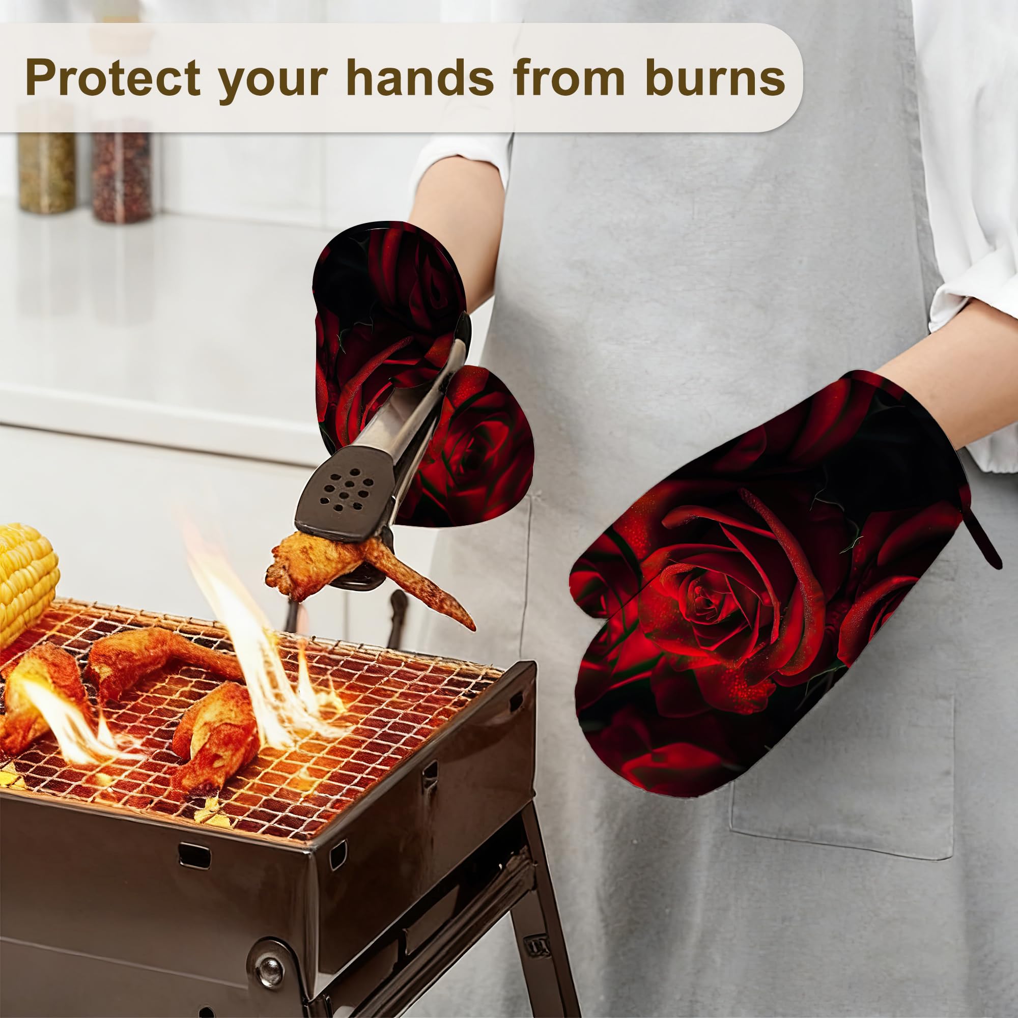Red Rose Ofenhandschuhe und Topflappen, 4er-Set, Küchenhandschuhe, hitzebeständige Ofenhandschuhe mit rutschfestem Silikon zum Backen, Kochen, Grillen