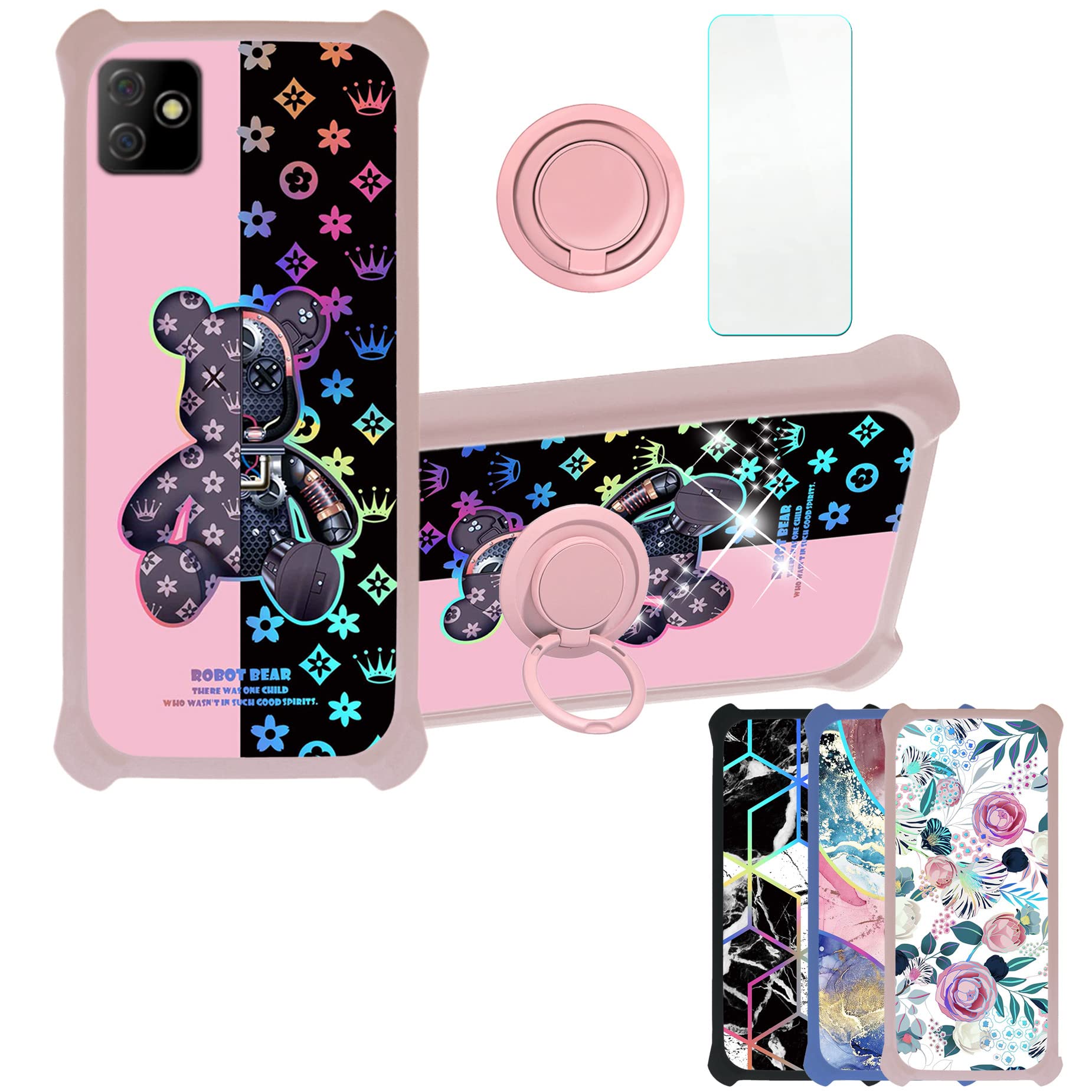 Digicel Dl4 Plus Case Compatible with Digicel Dl4 Plus Phone Case Cover [with Tempered Glass Screen Protector][Hard PC + Soft Silicone][Ring Support] [Colorful Reflect Light] IMDF-JXX