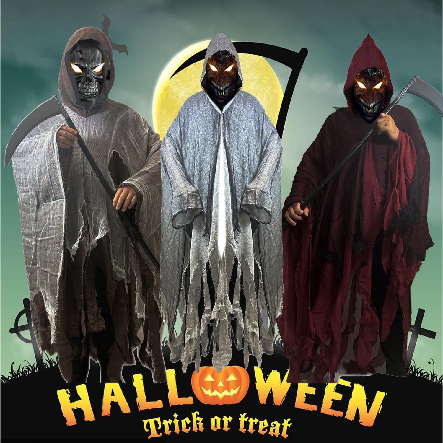 Hood Cloak with Sickle,Tattoo Sticker Ghost Grim Wizard Cape Devil Reaper Robe Cosplay Costume Adult Teens Party Props