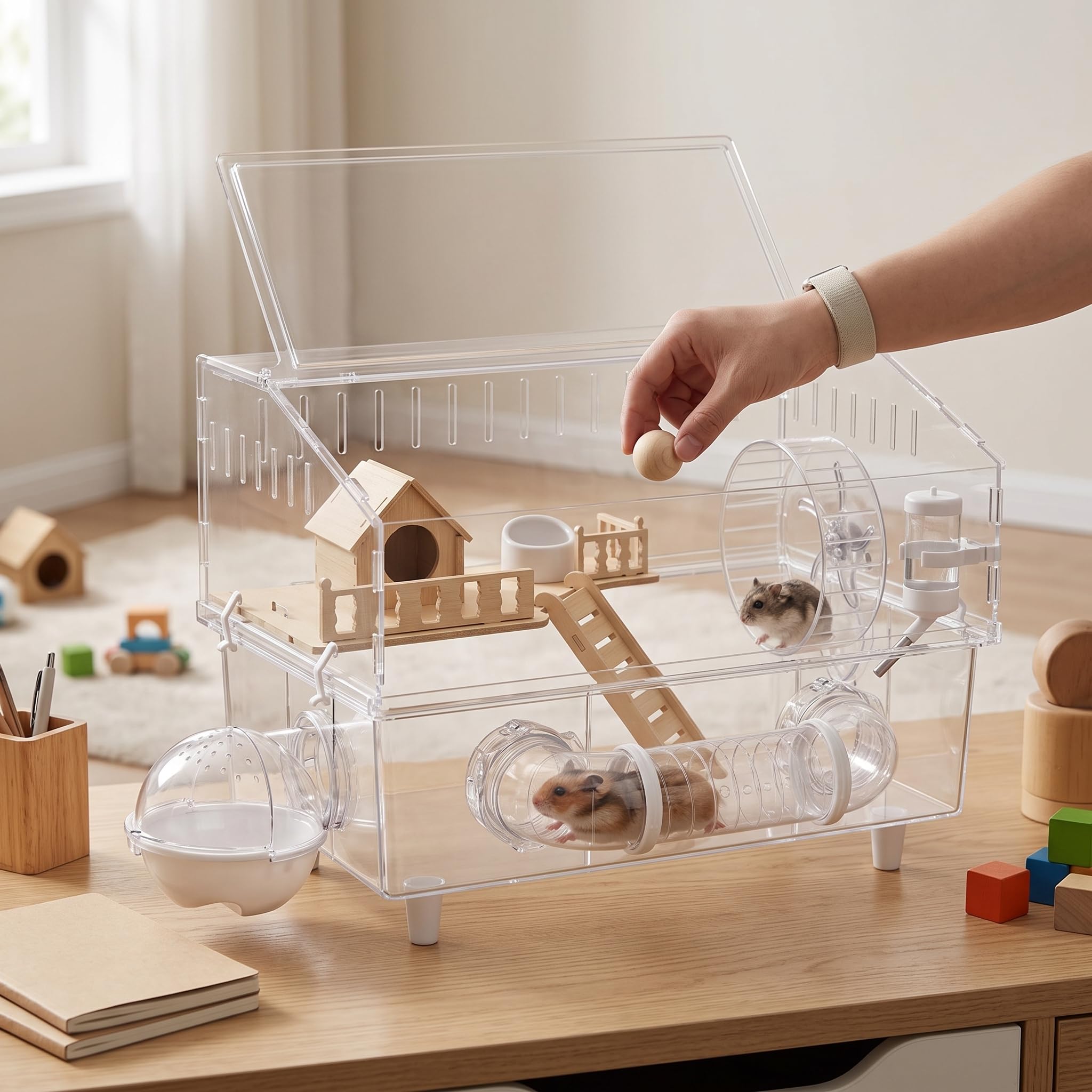 Jaula hámster Gran Transparente 2 Niveles, terrario hábitat con Tubos y casa para hámster, Jaula de Lujo de Villa elevada de 45 con túnel - Cabaña de Madera