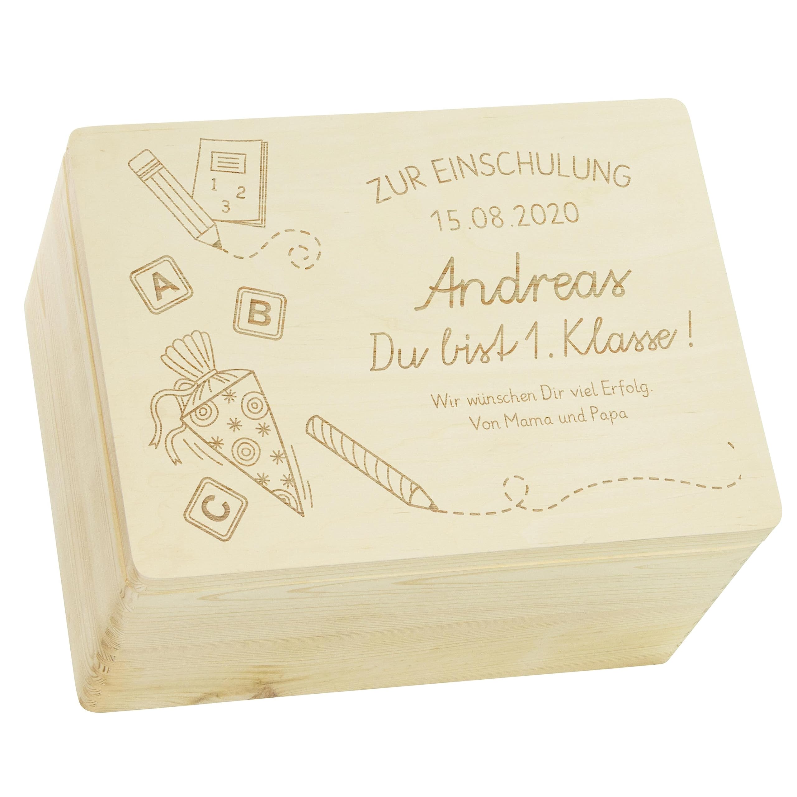 LAUBLUST Holzkiste mit Gravur - Personalisiert mit Datum | Name | WIDMUNG - Naturbelassen, Größe XL - Schultüte Motiv - Geschenkkiste zur Einschulung - FSC®