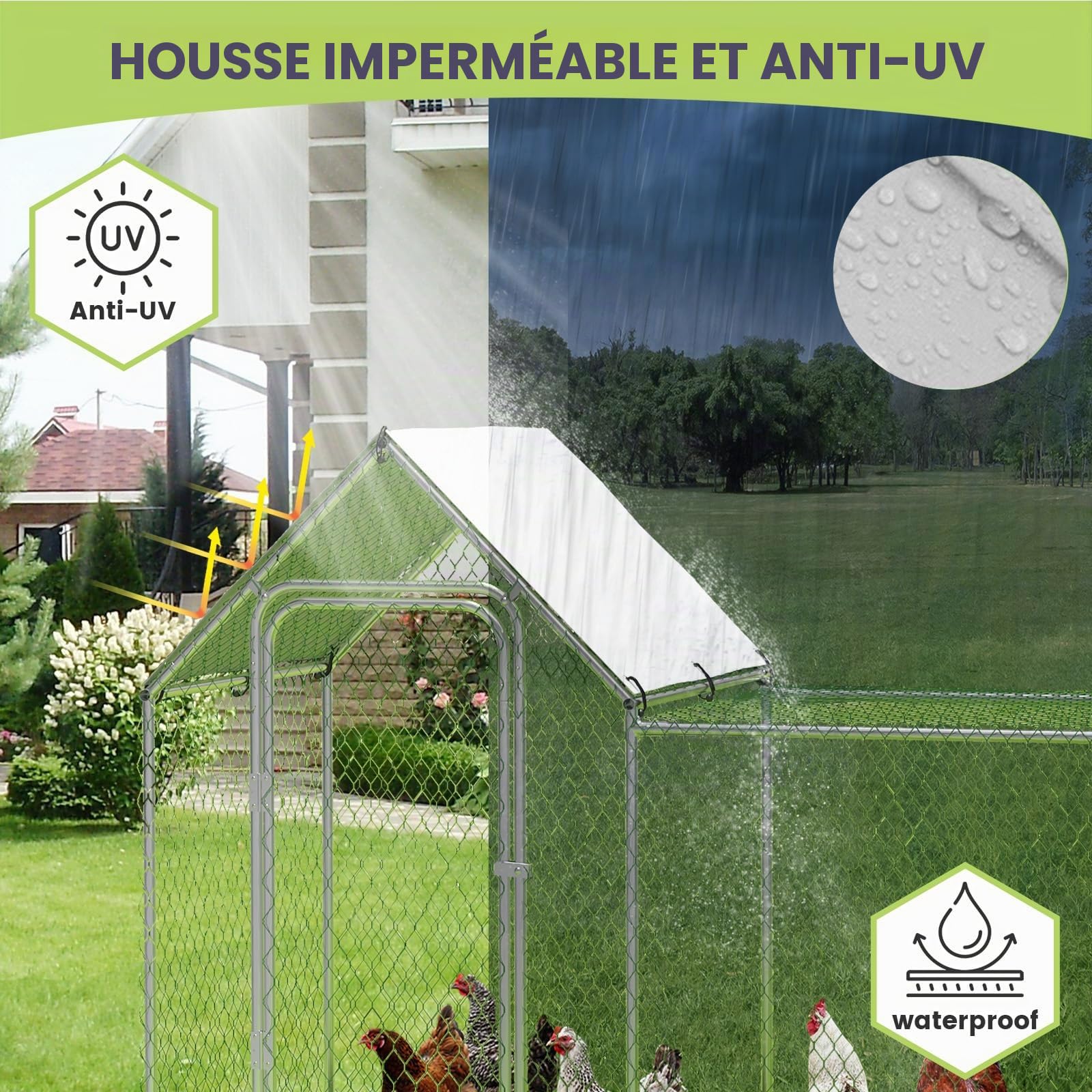 IDEALHOUSE Enclos poulailler sécurisé en métal – Porte verrouillable, Toit imperméable Anti-UV, Structure Robuste – Idéal pour Poules, Canards, Lapins – pour Jardin et Ferme – Base Stable – Taille :