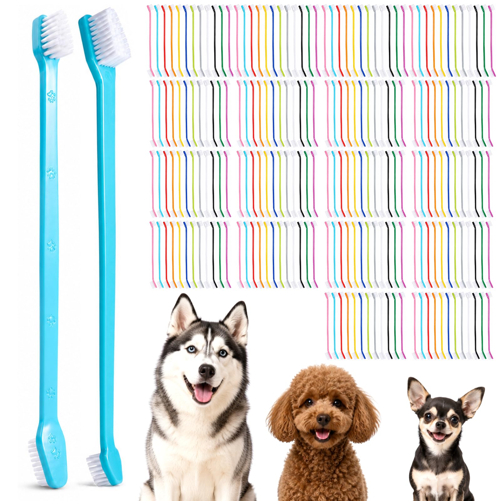 Spazzolino da denti per cani a doppia testa, kit di spazzolatura a doppia testa, kit di spazzolatura per cani con manico lungo, per cani grandi e piccoli, gatti per la maggior parte degli animali