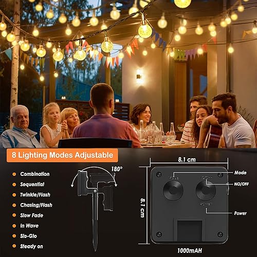 Miniatura 2 de Tira de luces solares para exteriores, 100 luces LED de globo de cristal, 8 modos, impermeables, funciona con energía solar para exteriores, luces