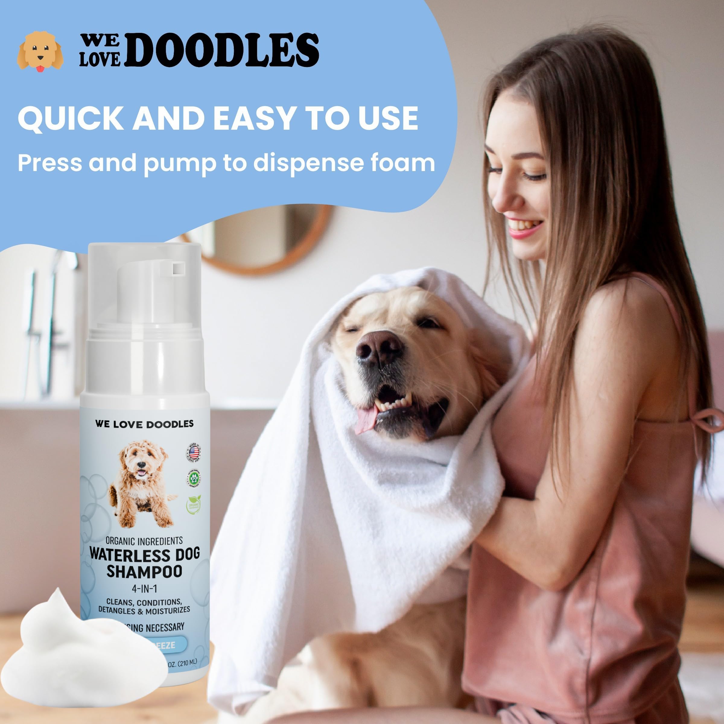 Waterless Dog Shampoo - Over 200+ Sprays Per Bottle - Cleans & Moisturizes Coat, No Rinse Dog Shampoo, Safe Foam Formula & Pet-Friendly Dog Deodorizing Spray, 7.1 oz (Ocean Breeze) [We Love Doodles] - image 3