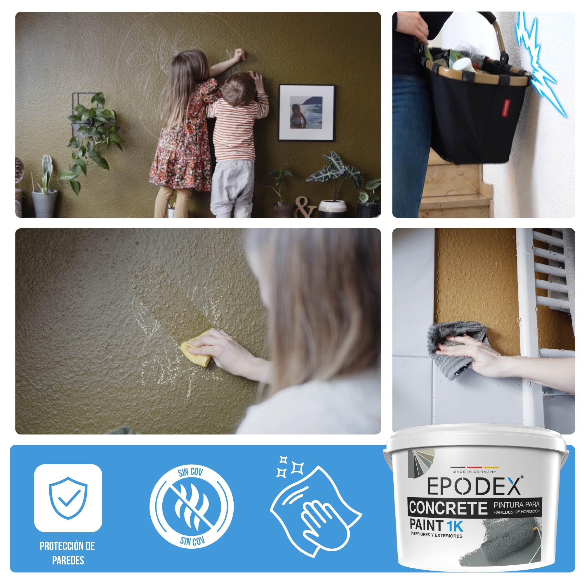 EPODEX Pintura para hormigón 1K, Pintura para paredes y suelos, resistente a rayos UV y abrasión, Interior y exterior sin agua constante, 1kg (8m² por capa) - Blanco polar