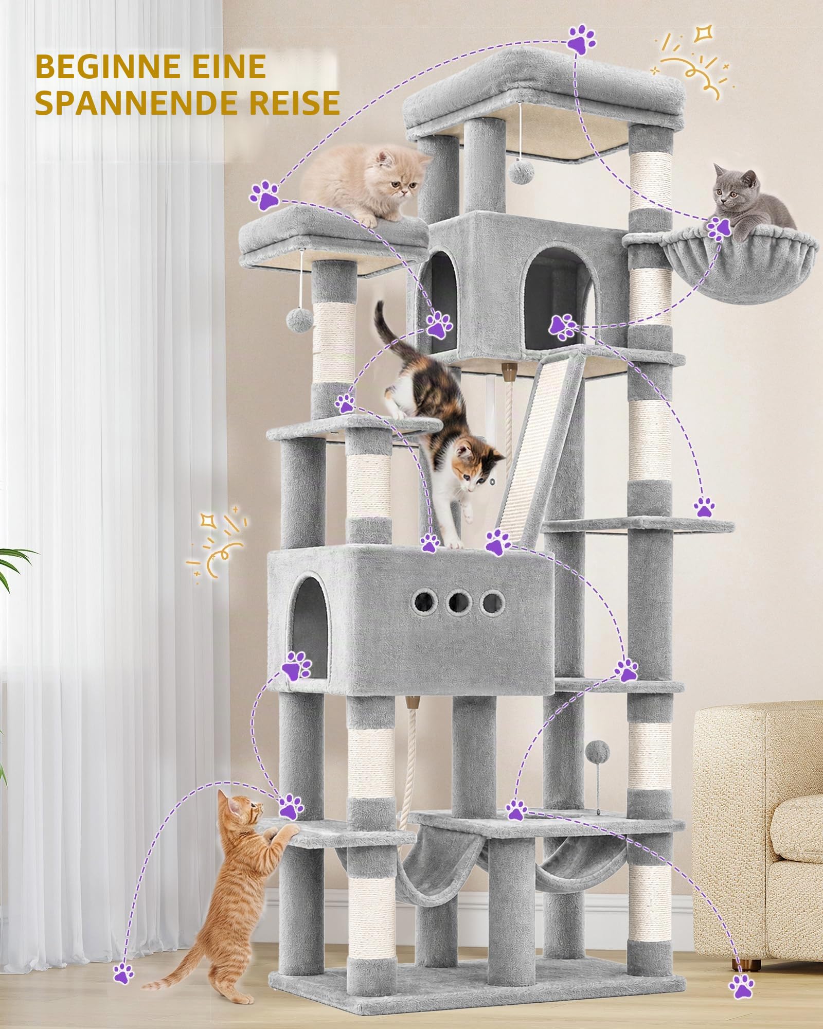 Hzuaneri Kratzbaum, 201 cm XXL Katzenbaum mit 9 Kratzsäulen, 2 Höhlen, 2 Hängematten, Große Plattform, Sisalseil, Korb, Schwerer Kratzbaum für Maine Coon, Große Katzen, Hellgrau 8320018LG
