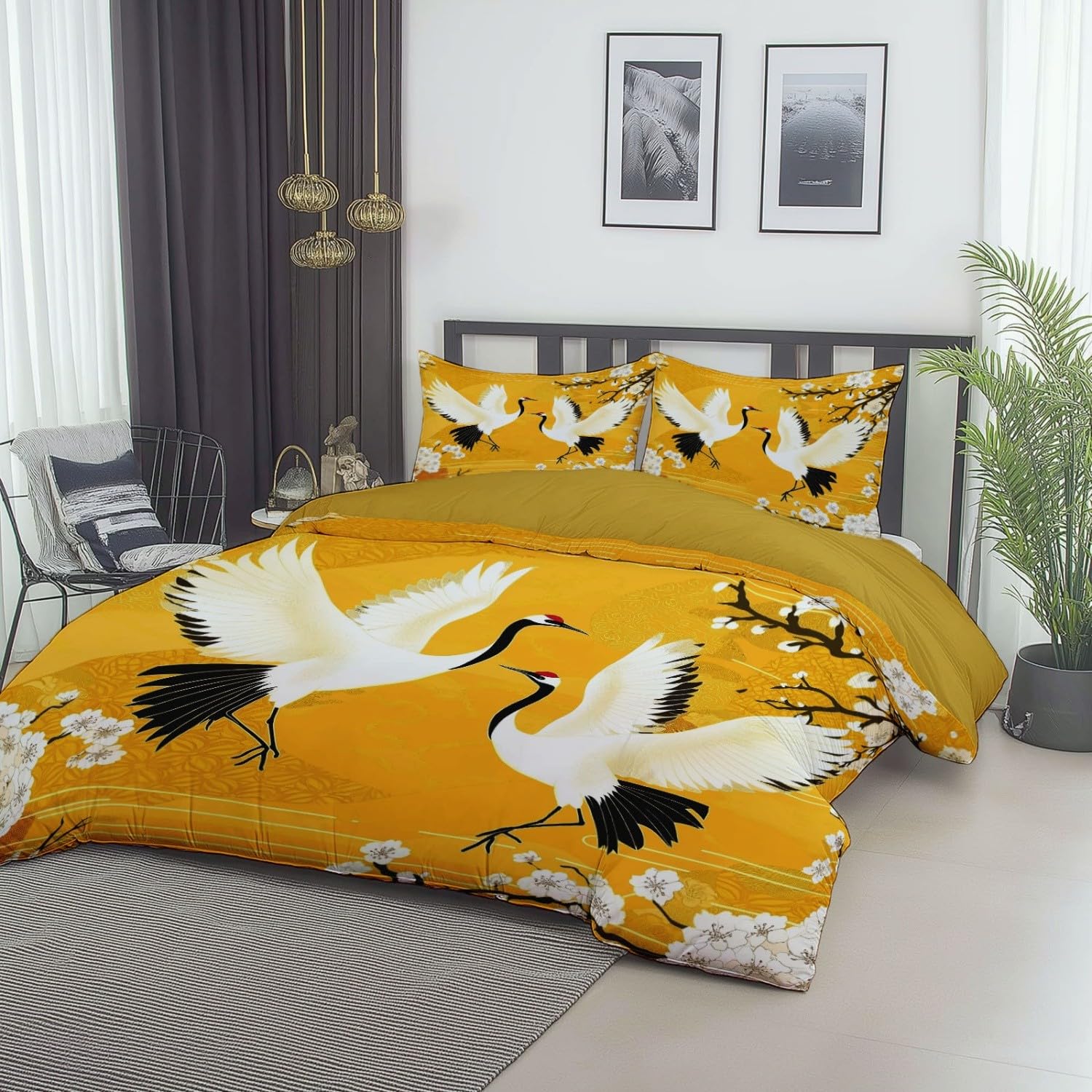 Housse de Couette 220 x 240 cm (2 Taies 65x65), Style L'Élégance De La Grue Blanche Japonaise, en Microfibre Brossée de Qualité pour Un Lit Élégant, Jaune