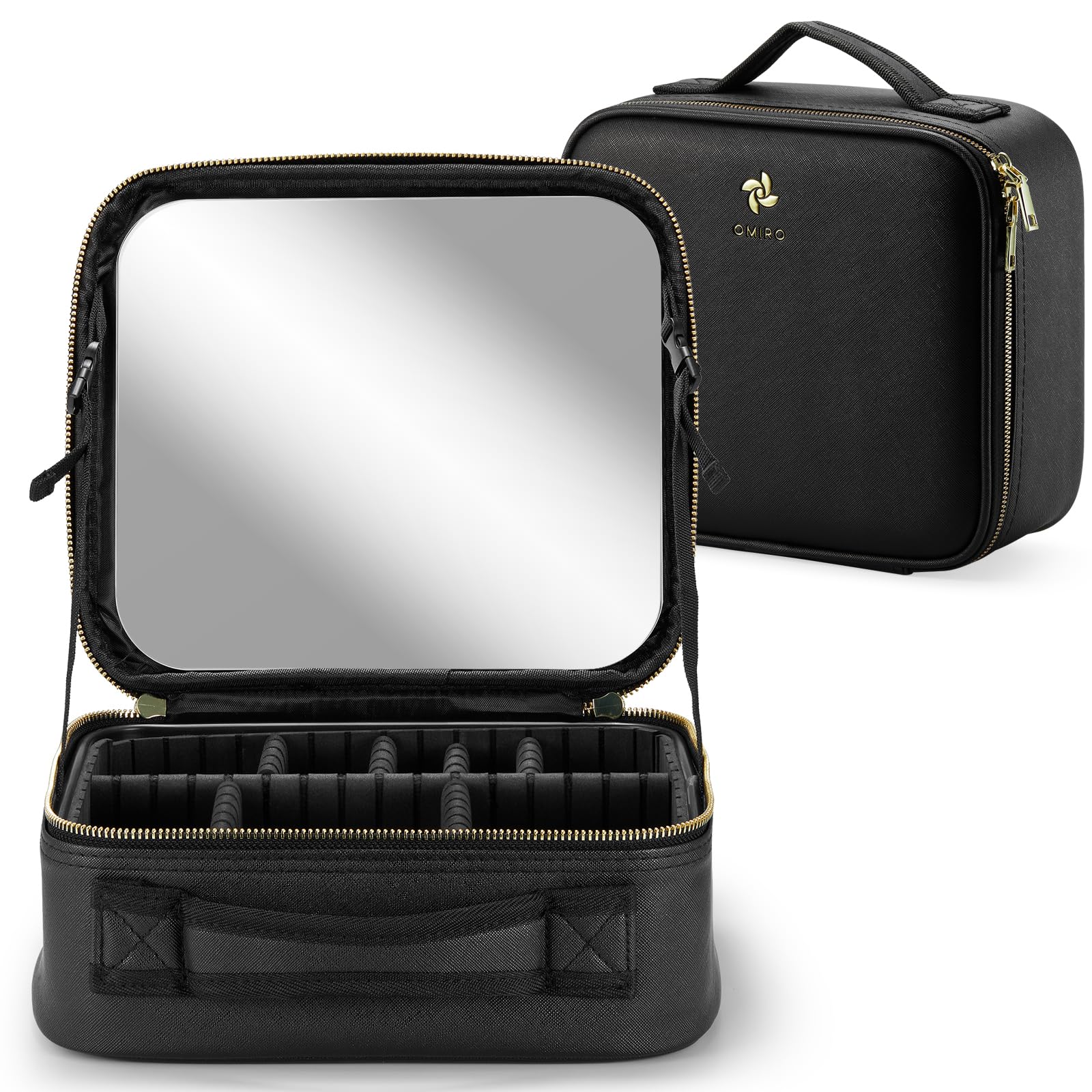 Estuche de Maquillaje de Viaje OMIRO con Gran Espejo Partition-Able Cosmetic Bag Professional Cosmetic Artist Organizer(Pequeño, Negro)