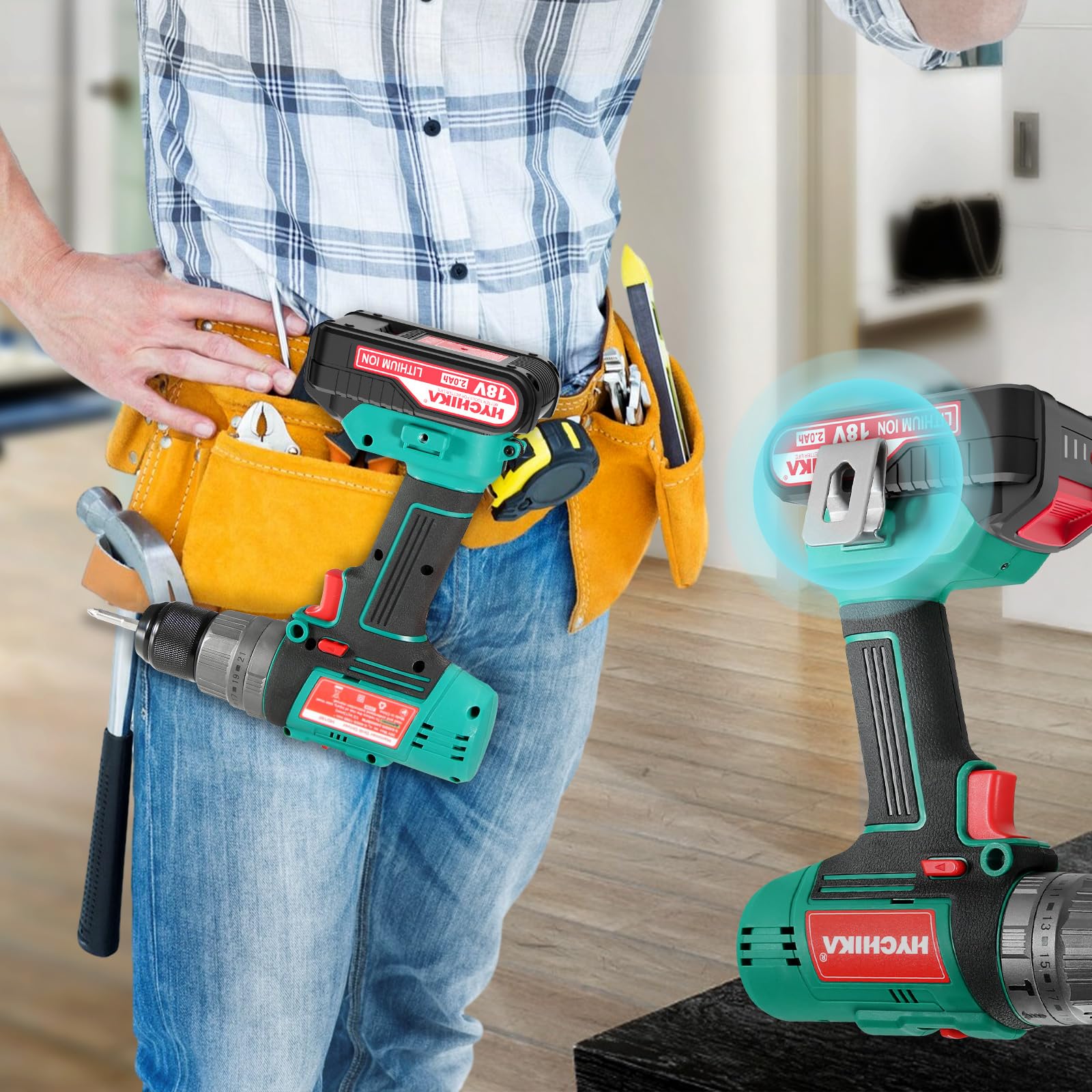 HYCHIKA Trapano Avvitatore Batteria 18V, Trapano a percussione 45 Nm, Batteria 2,0 Ah, 27 accessori, Ricarica rapida 1 ora, Coppia 21+3, 2 velocità, con illuminazione LED, per riparazioni domestiche