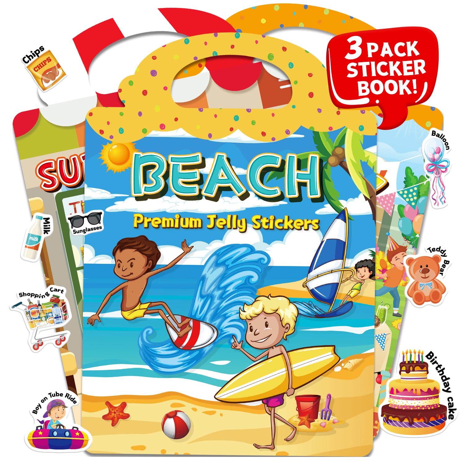 3 Sets of Reusable Jelly Stickers Books - Perfect for 3-6 Year Olds Jelly Stickers Books - Airplane and Car Travel Toys Educational Gifts for Boys and Girls (Beach+Supermarket+Party)