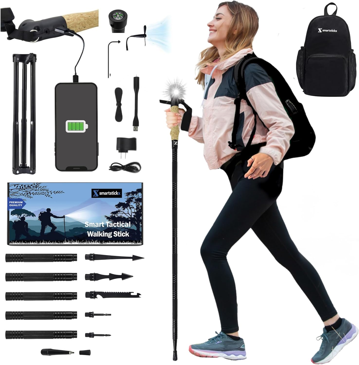 Collapsible Tactical Walking Stick with LED Light, USB Charging, Cork Grip, and Survival Tools – Aircraft Aluminum Trekking Pole for Hiking, Camping, Outdoors & Self Defense Collapsible Tactical Walking Stick with LED Light, USB Charging, Cork Grip, and Survival Tools – Aircraft Aluminum Trekking Pole for Hiking, Camping, Outdoors & Self Defense