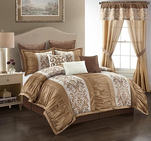 Miniatura 18 de Grand Avenue - Juego de edredón beige y dorado tamaño California King, 9 piezas de ropa de cama jacquard floral para todas las estaciones, Beige