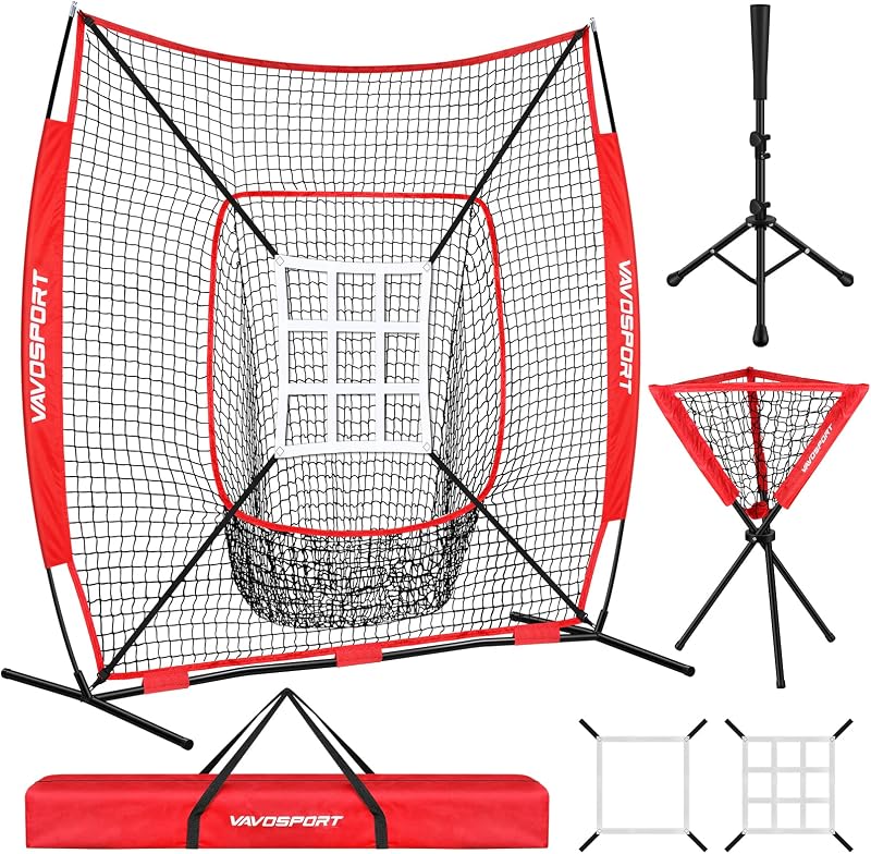 Juego de red de béisbol de 6 x 6 pies: red portátil de softbol y béisbol, remera de bateo, carrito para pelotas, zona de ataque, equipo de entrenamiento para práctica juvenil
