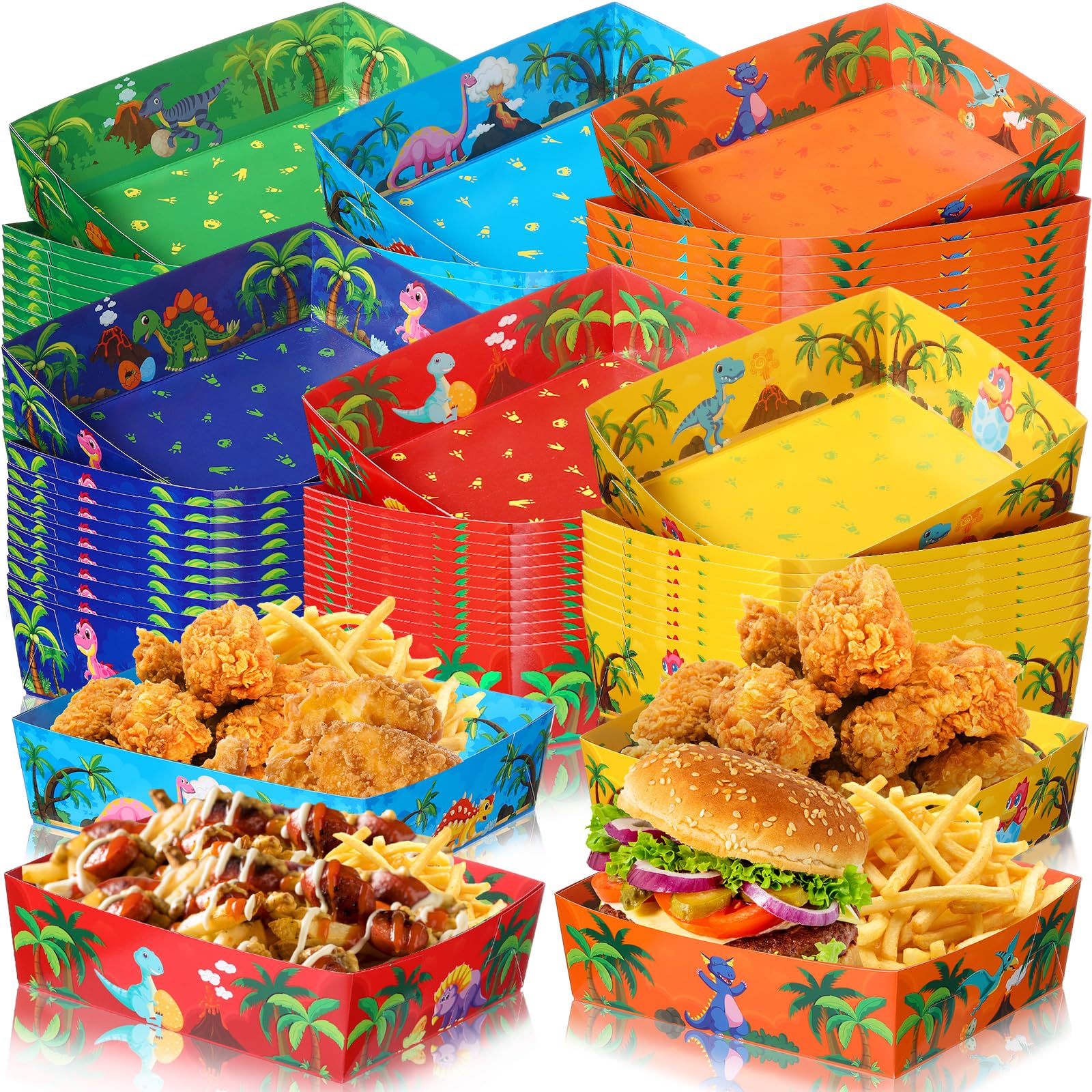 Tioncy 48 Pack Dinosaur Party Paper Food Trays 5 lb Cartoon Large Boats Disposable Snack Paper Food Trays for Dinosaur Theme Party Birthday Baby