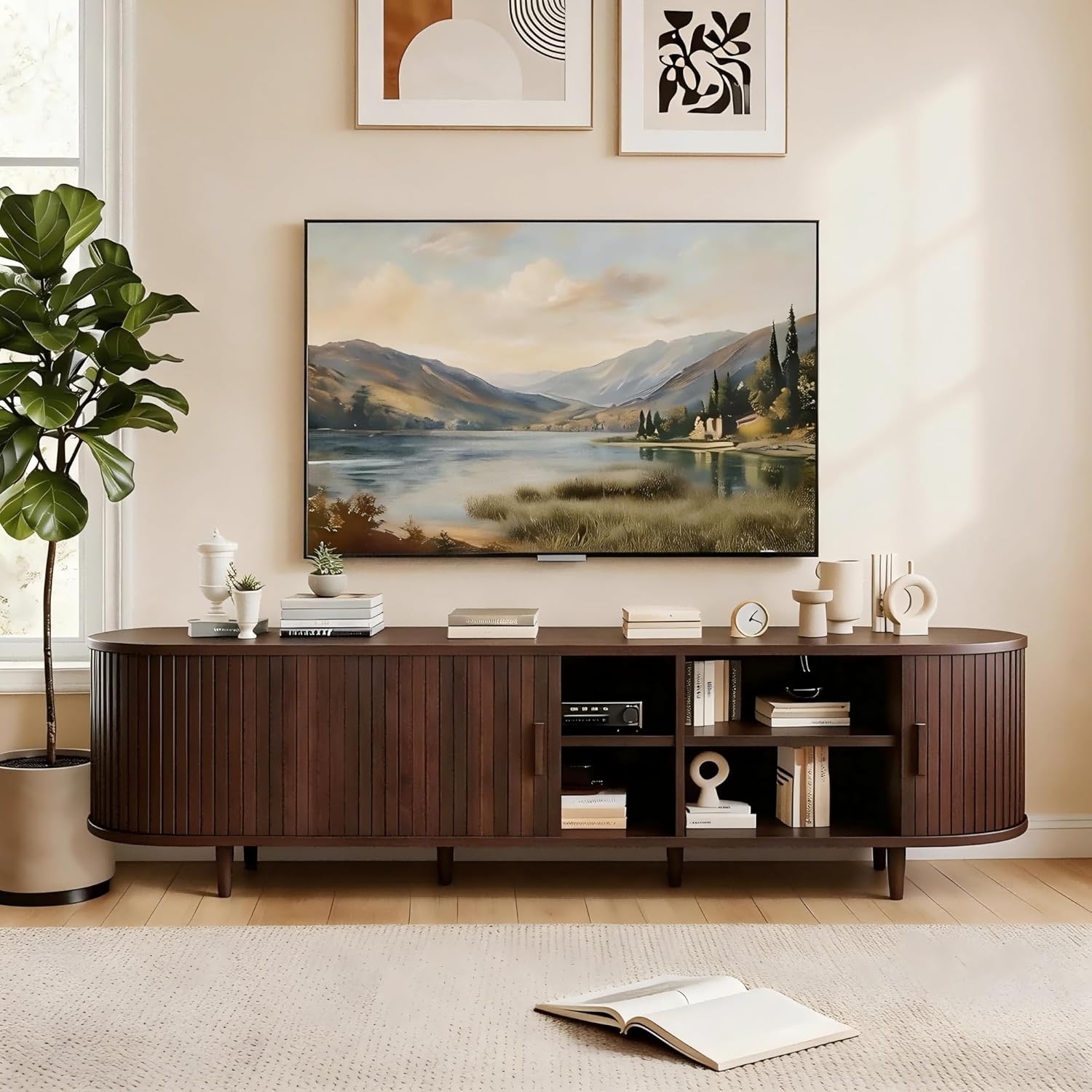 70" Mid Century Modern TV Stand, Wood TV Consoles with Sliding Doors and Power Outlet, Entertainment Center with Adjustable Shelves, Fluted TV Stands for Living Room, Walnut - Image 3