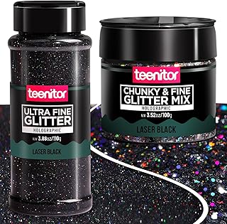 Holographic Ultra Fine Glitter and Chunky Glitter, Teenitor Craft Glitters with 110g Resin Glitter Powder Sequins and 100g Metallic Iridescent Chunky Fine Glitter, Nail Glitter,Laser Black