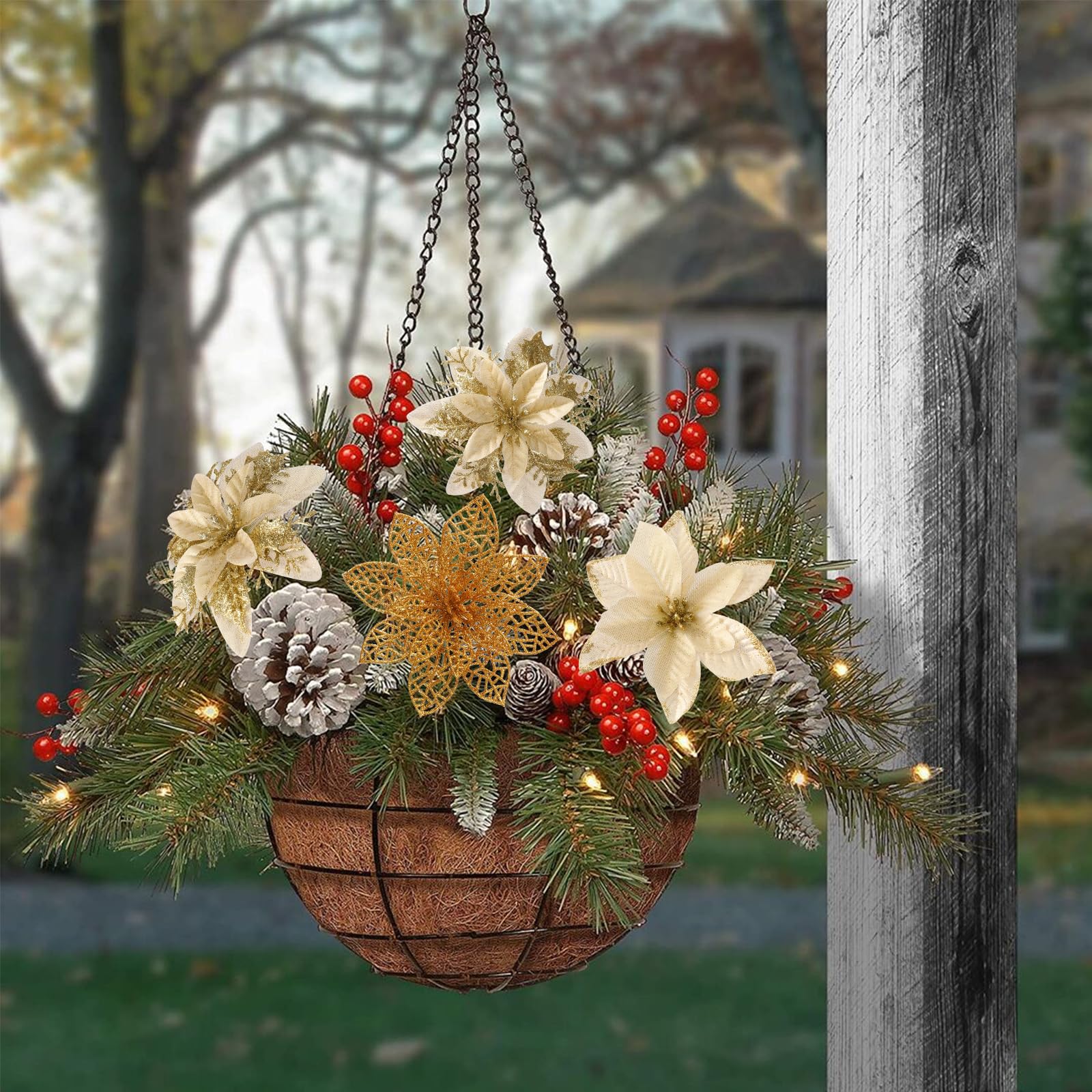 Floweroyal Künstliche Weihnachtssterne mit Clips und Beerenstielen, Glitzer-Ornamente für Weihnachtsbaum, Kranz, Kamin, Treppe, Dekoration, 60 Stück (Gold, 3 Stile)
