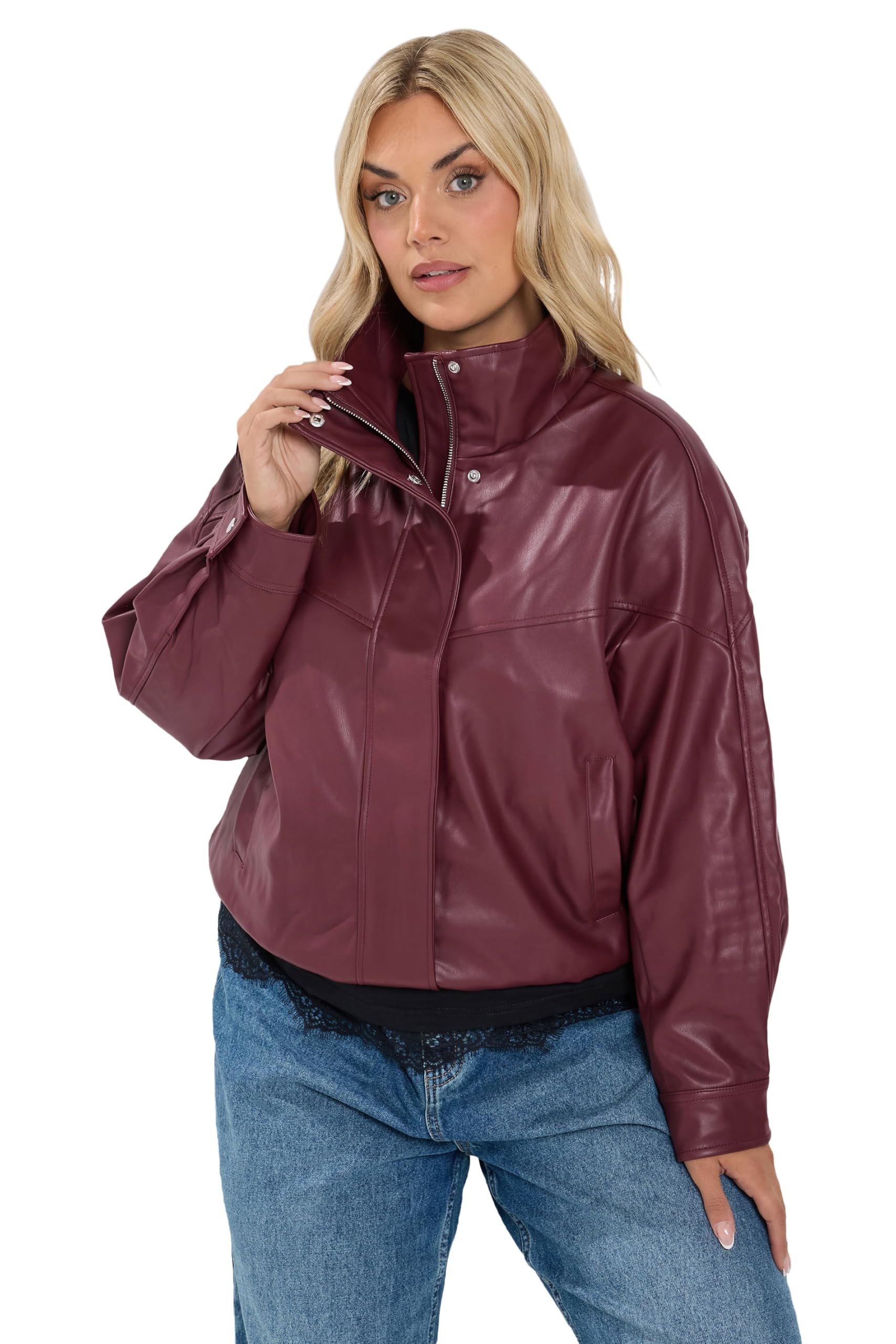 Yours Women's Faux Leather Funnel Neck Jacket in Dark Red | Size: 26-28