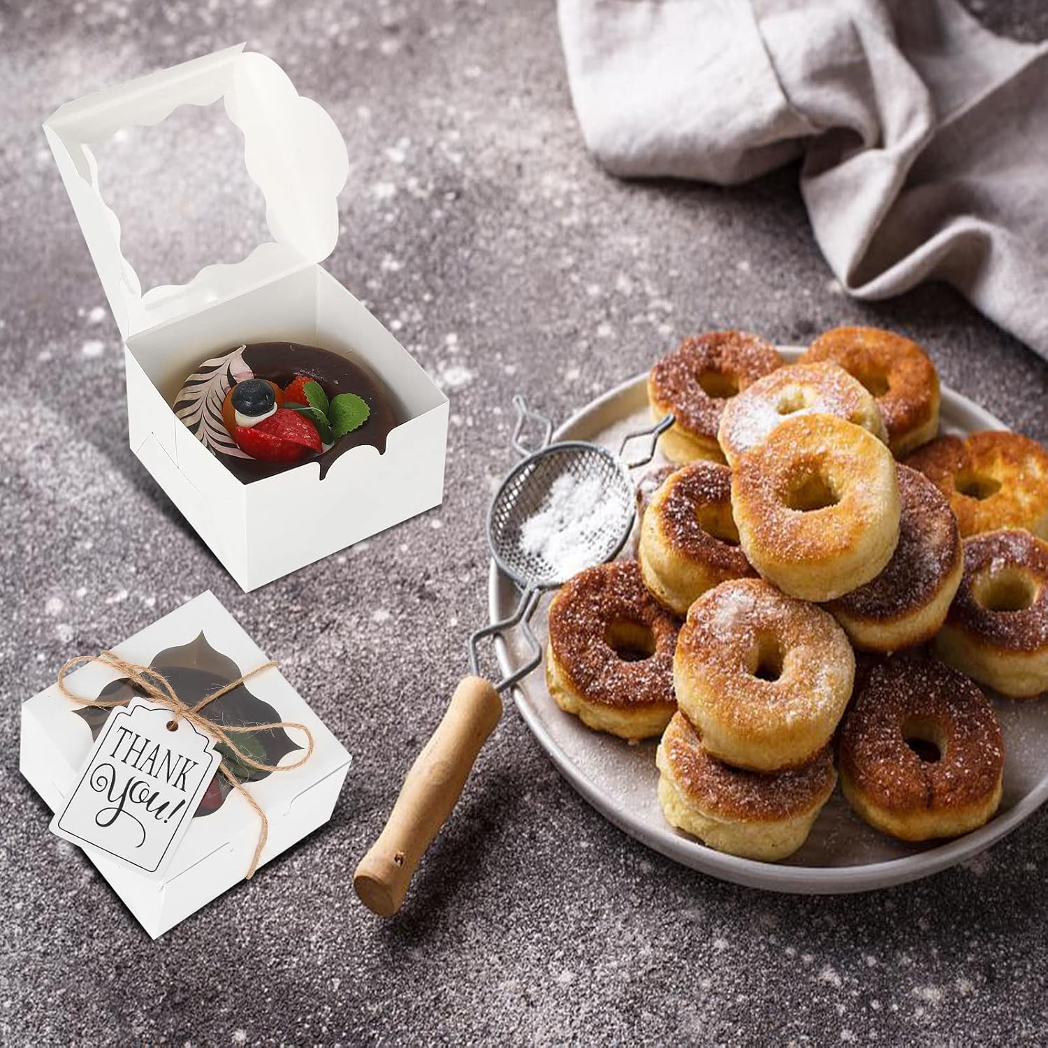 KPOSIYA 60 Pcs White Bakery Boxes with Window 4x4x2.5 Inches Cookie Boxes Kraft Paper White Gift Box for Pastries, Cookies, Pie, Donuts, Macaron, Small Box with Twine and Thank You Tag(White,60)