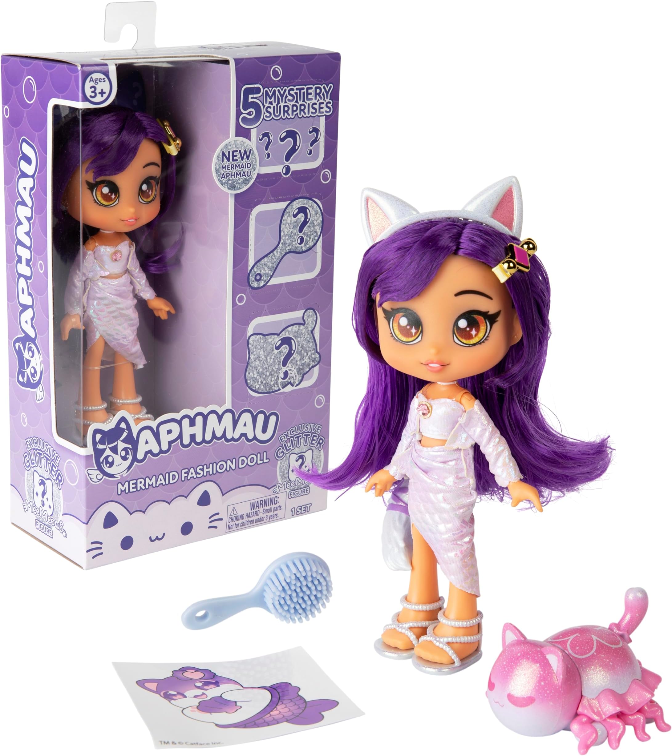 Aphmau Fashion Dolls & Accessories Mermaid, 5 Mystery Surprise Toys, Glitter MeeMeows Exclusive Minifigure, Official Affmau Merchandise