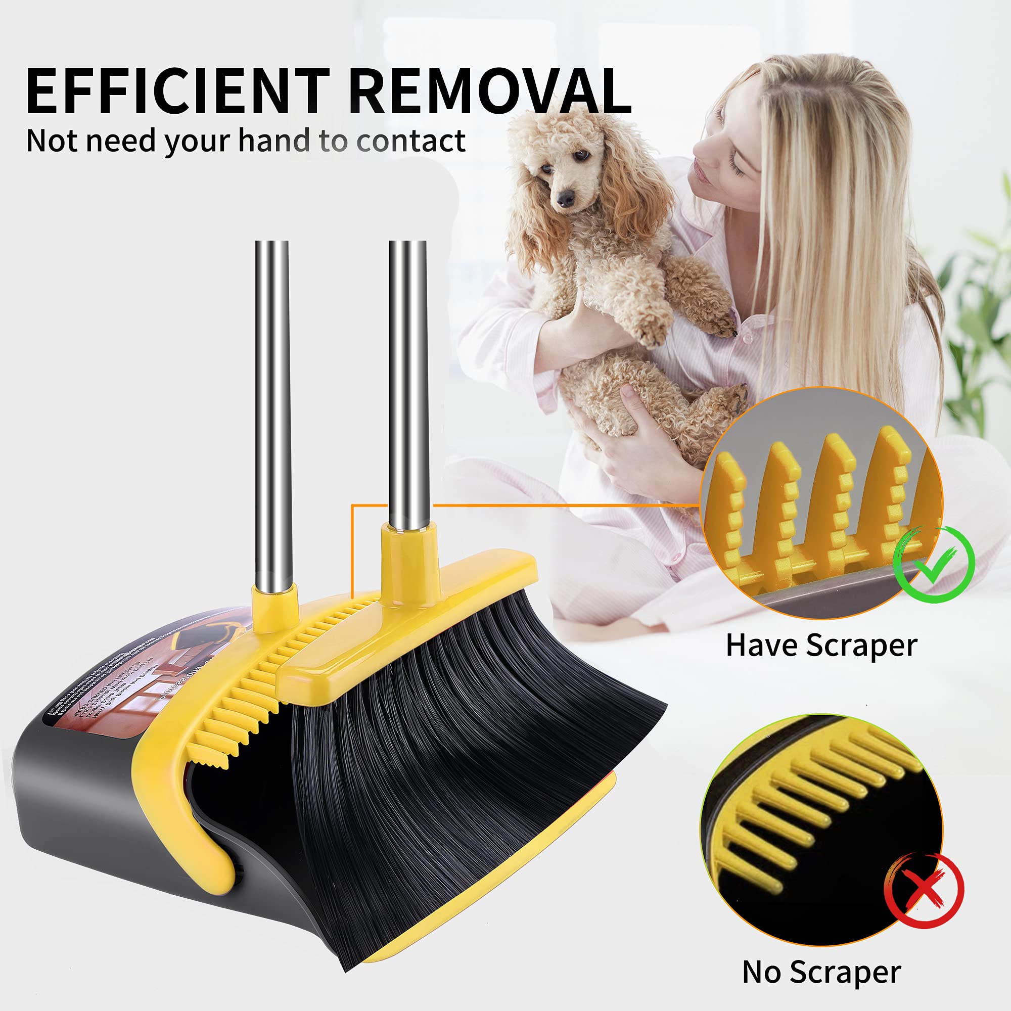 Broom with Dustpan Combo Set Broom and Dustpan Set Dust Pan with Stainless Steel Long Handle, Brooms with 5-Layer Soft Bristles, New Home Apartment Household Essentials 3